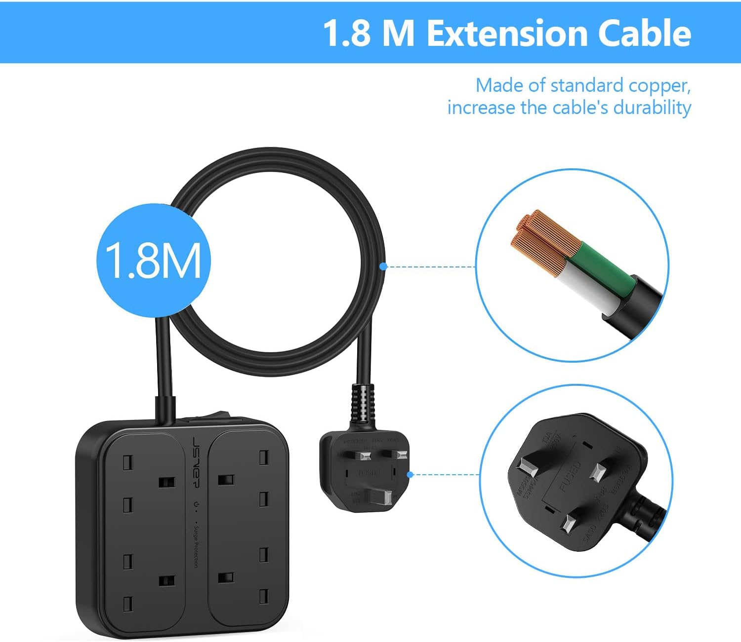 Detalle de JSVER 4 Outlets Power Strip 3250W with USB-C and USB-A 🔌