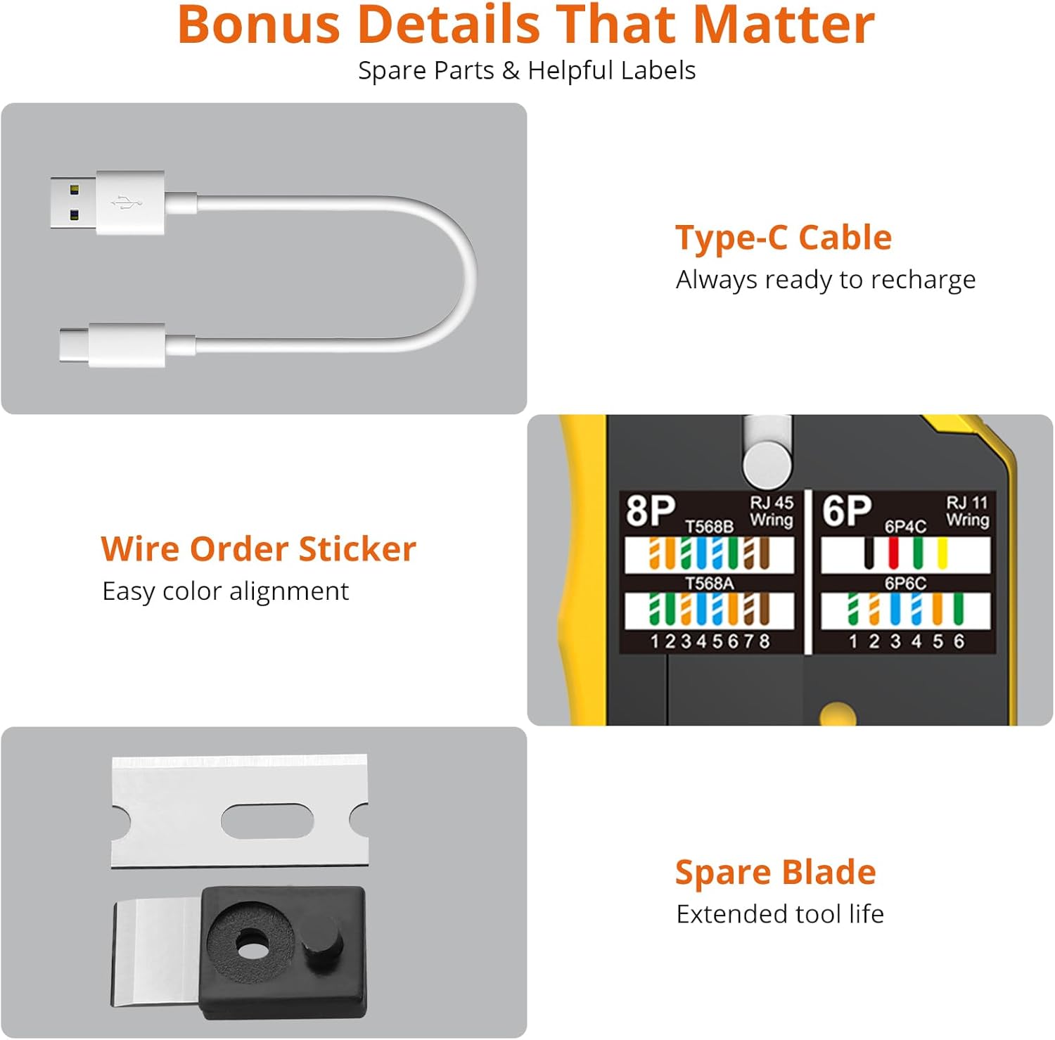 Thumbnail 5 de Proster pinza crimpatrice RJ45 CAT7 con passante e kit completo (20 connettori + tester di rete ricaricabile)