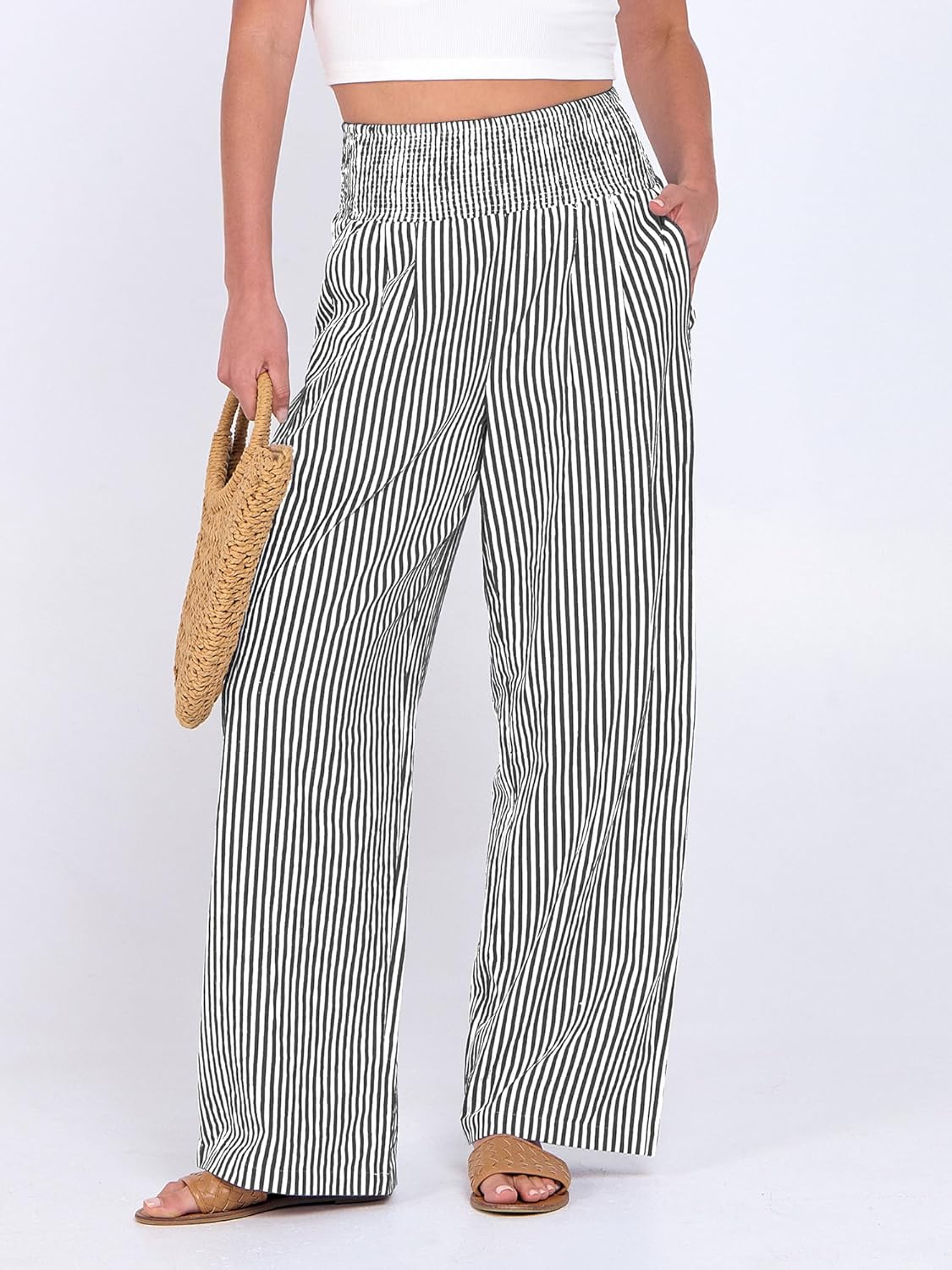 Detalle de ANRABESS Palazzo Pants with Gingham Stripes: Wide-Leg, High-Waisted Lounge Pants with Pockets