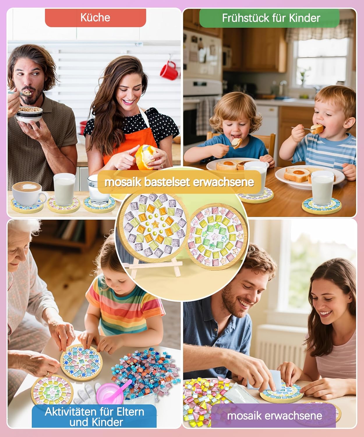 Thumbnail 6 de Finsink Mosaik Bastelset für Kinder – 4er Untersetzer-Set aus Holz mit Glas-Mosaiksteinen