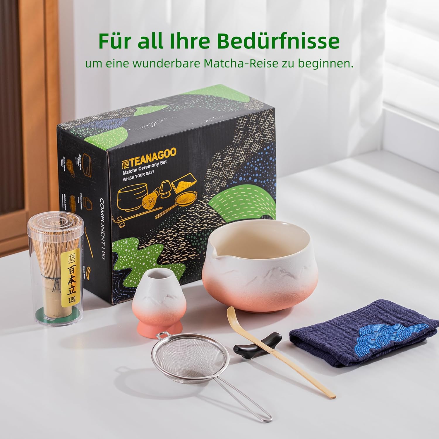 Thumbnail 1 de TEANAGOO Matcha-Set | 7-teiliges Matcha-Zeremonie-Set aus Bambus und Keramik mit Farbverlauf Orange/Weiß