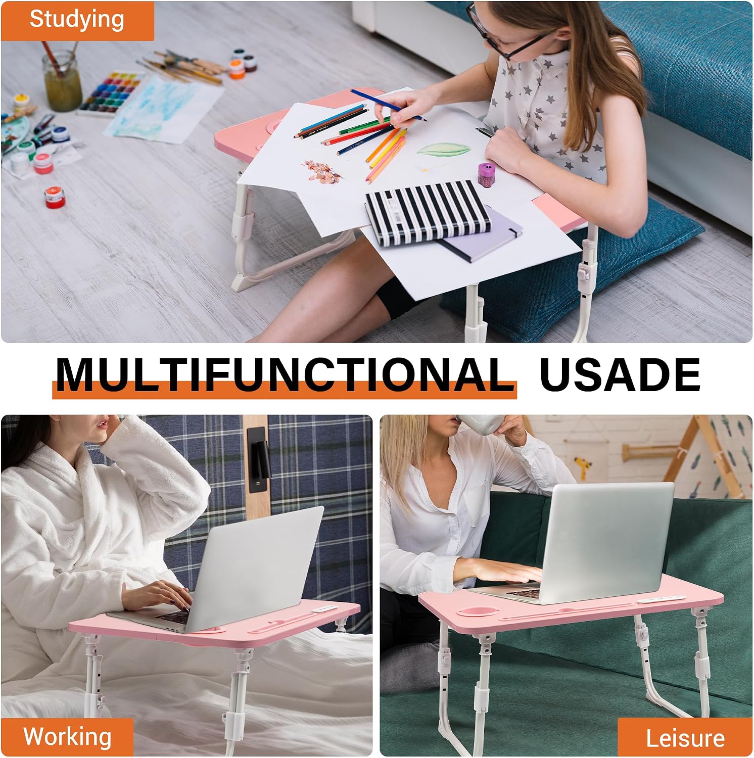 Detalle 2 de DECOSIS FOP-BD-PK Adjustable Lap Desk, 23.6 x 15.7-Inch Top, Pink