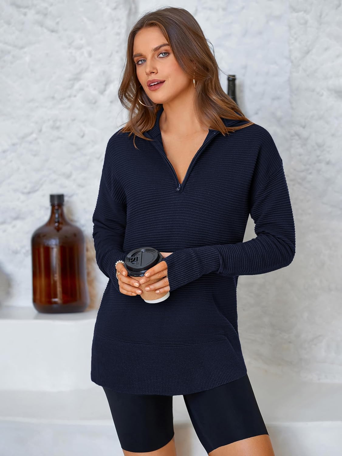 Thumbnail 4 de PRETTYGARDEN Womens Long Sleeve Quarter Zip Pullover Sweater with Thumb Holes
