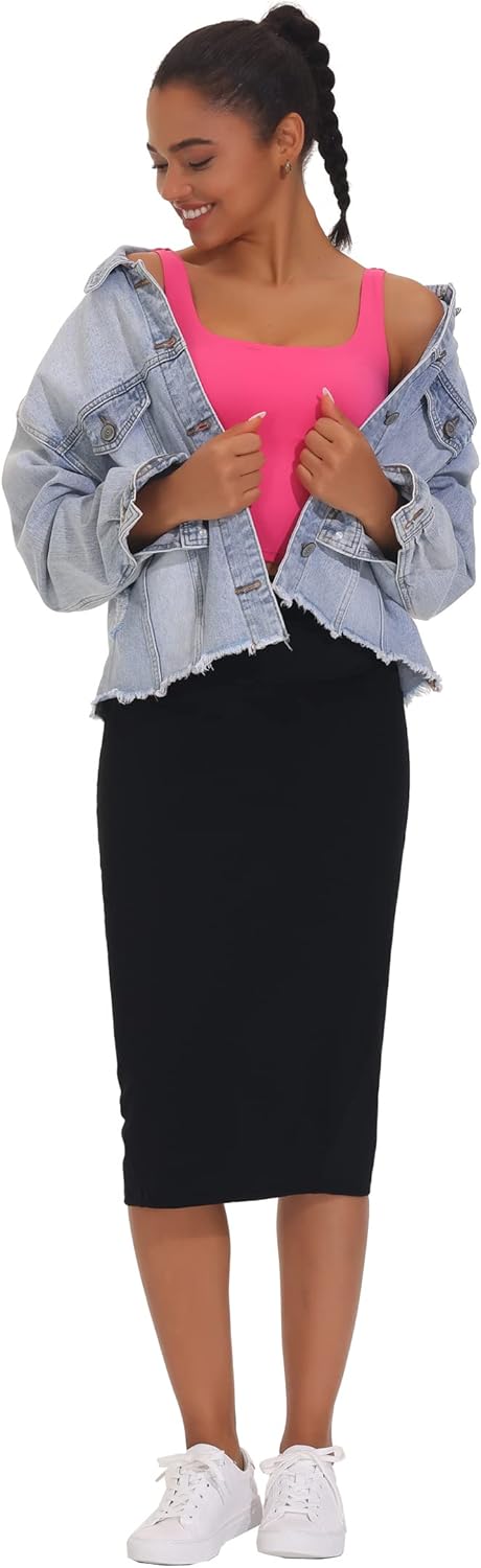 Thumbnail 6 de THE GYM PEOPLE Jupe crayon taille haute extensible pour femme, midi moulant sous le genou avec fente dos