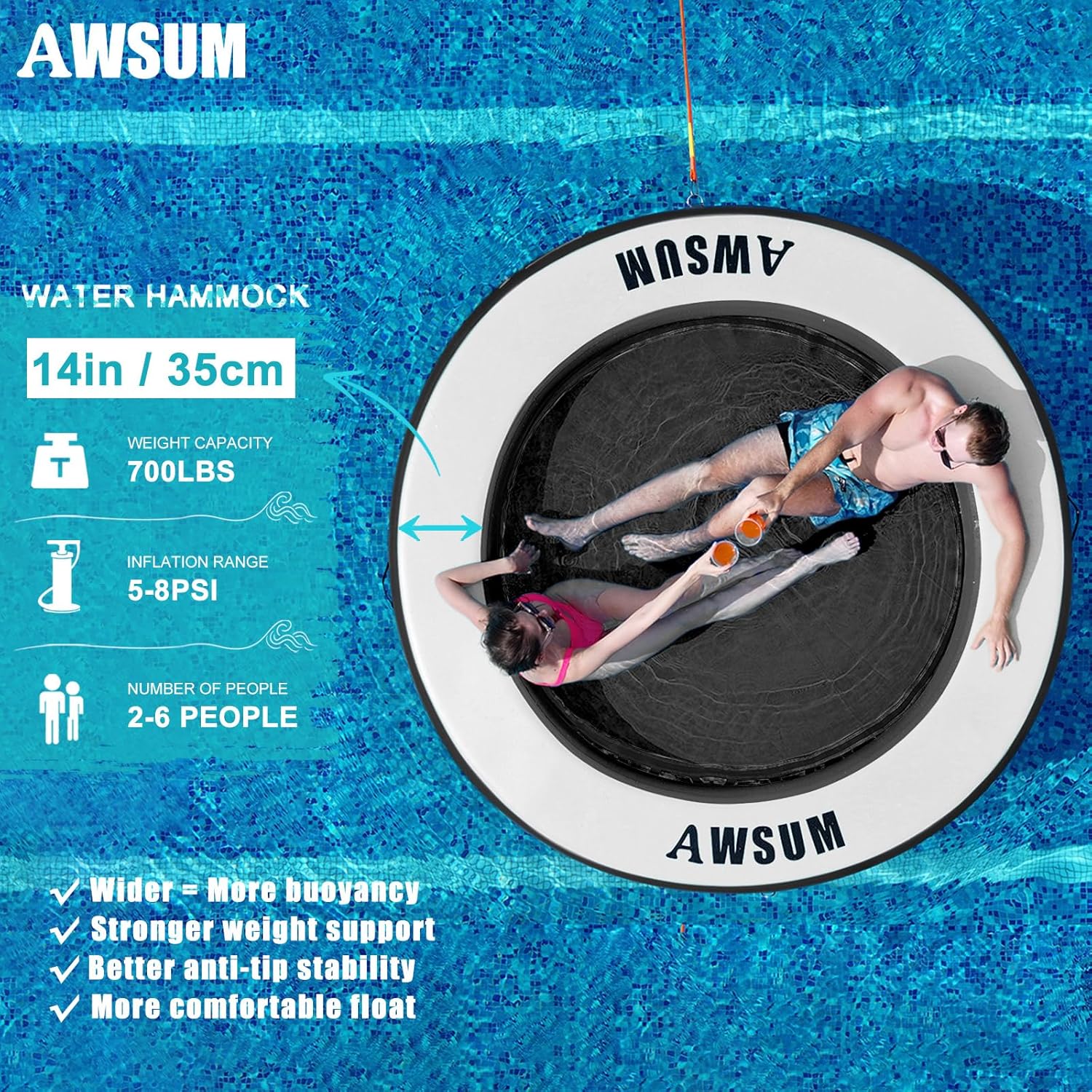 Thumbnail 2 de AWSUM Inflatable Water Hammock Round Floating Ring - 8ft Island for Lakes, Pools, and Rivers