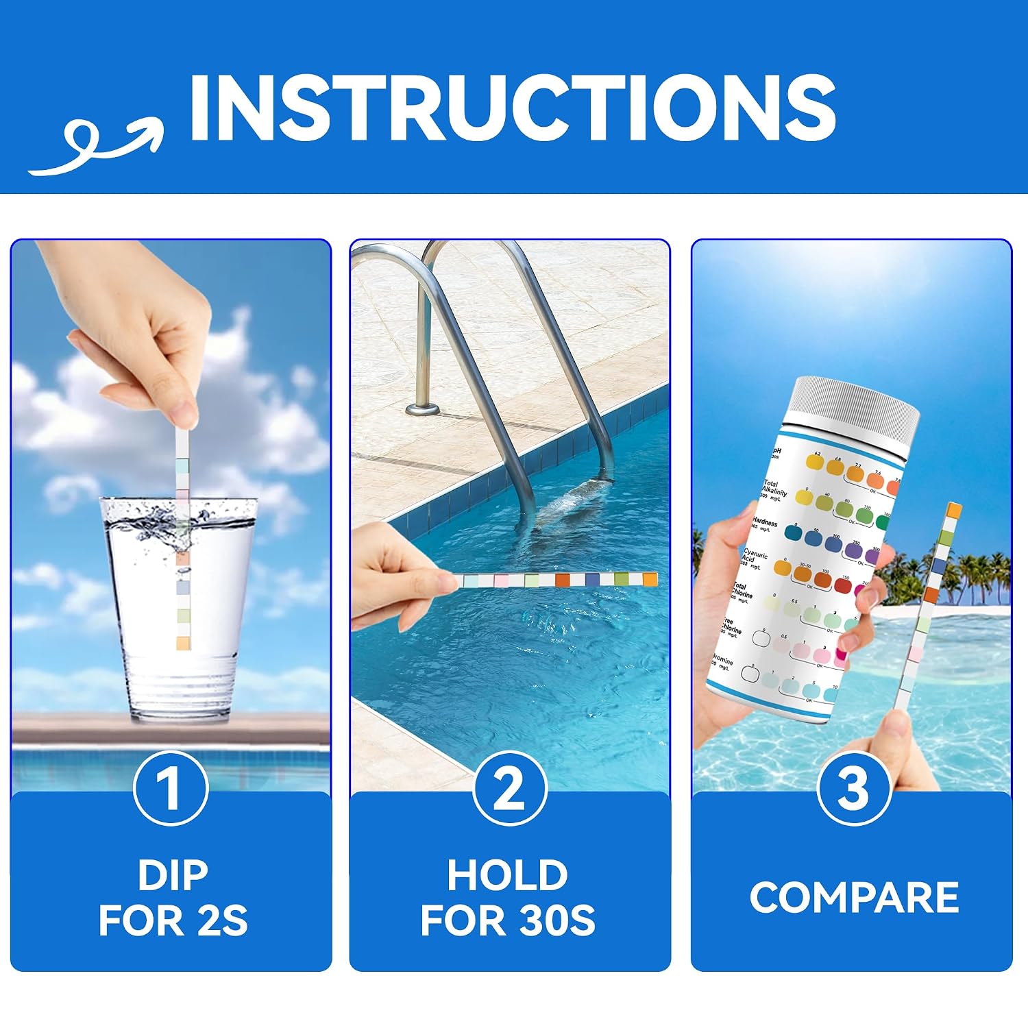 Detalle de Yiffer 175-Count 7-Way Pool Test Strips for Pools, Hot Tubs and Spas