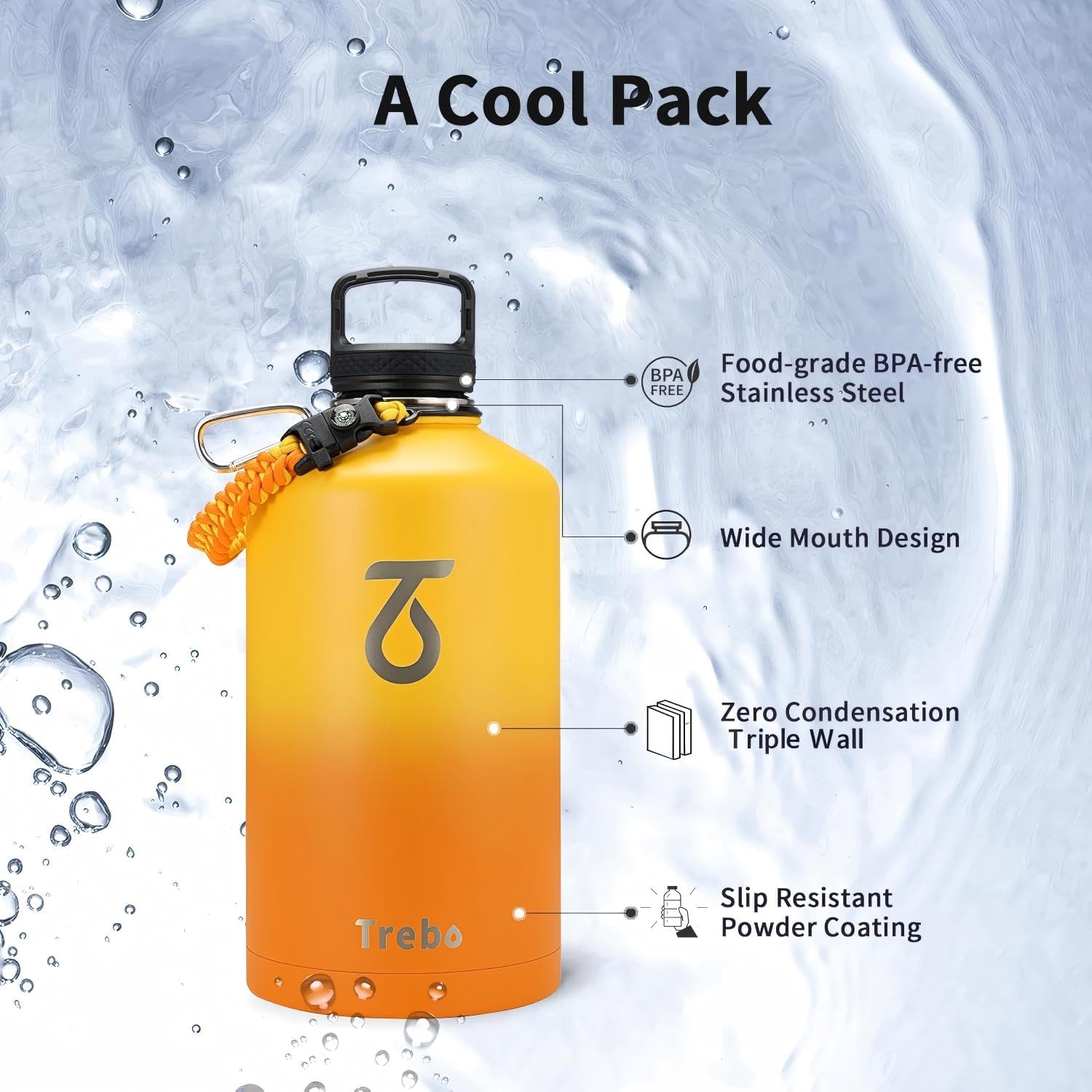 Detalle 2 de Trebo 3.8 L Insulated Water Bottle with Paracord Handle and Straw – 128oz Vacuum Stainless Steel