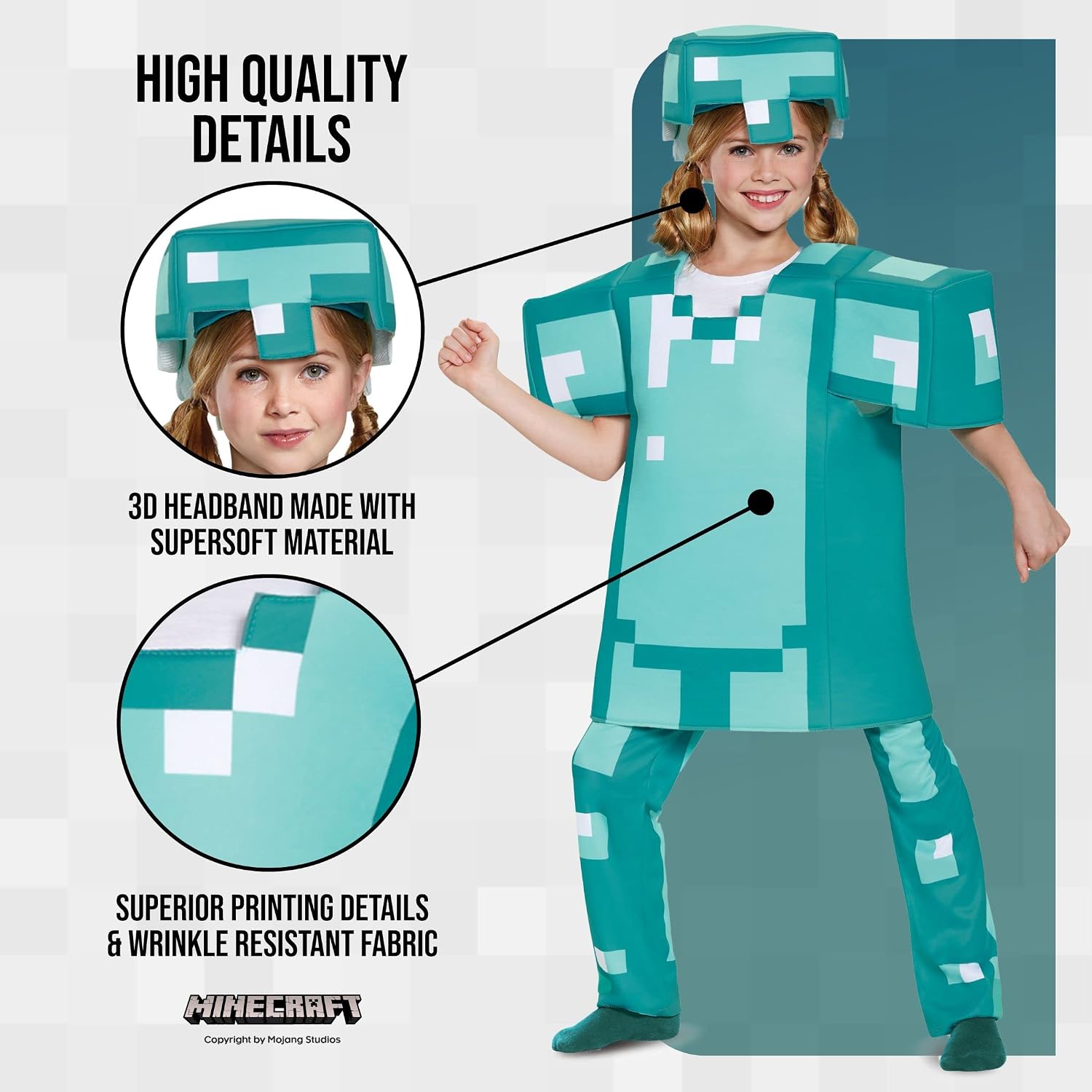 Detalle 2 de Disguise Deluxe Minecraft Diamond Armor Costume for Kids with Tunic, Pants and Hat