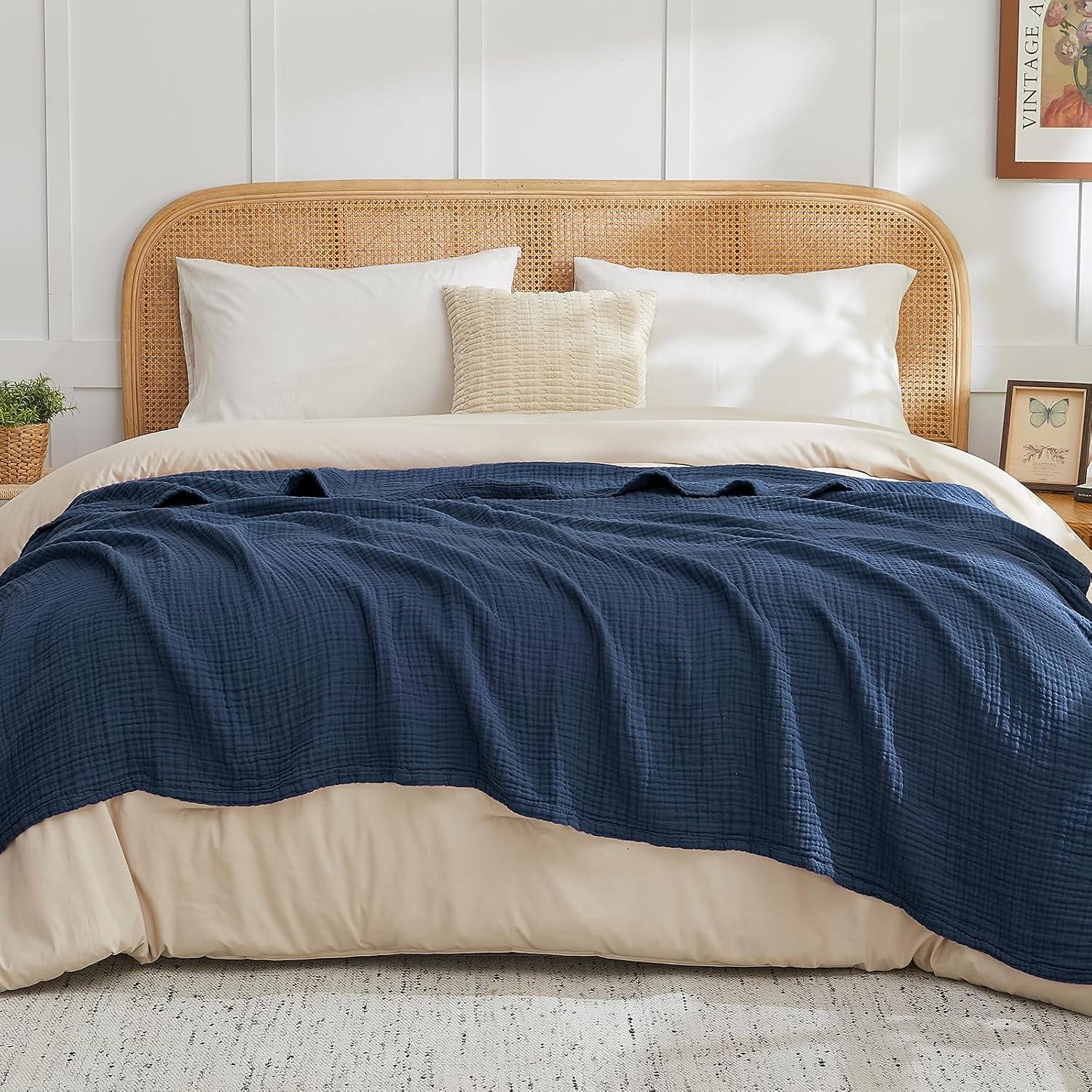 Thumbnail 1 de EMME Navy Super King Muslin Cotton Blanket, 120" x 94