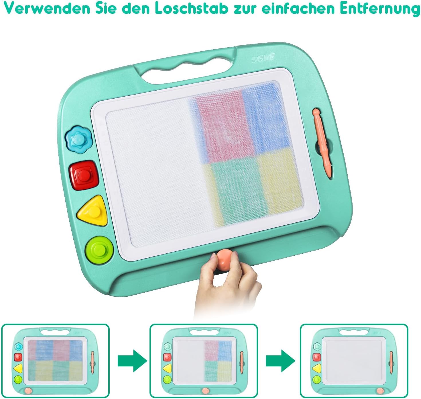 Detalle de SGILE große magnetische Maltafel „Zaubertafel“ für Kinder ab 2 Jahren, 42 × 32 cm (grün), inkl. Stift & 4 Stempeln
