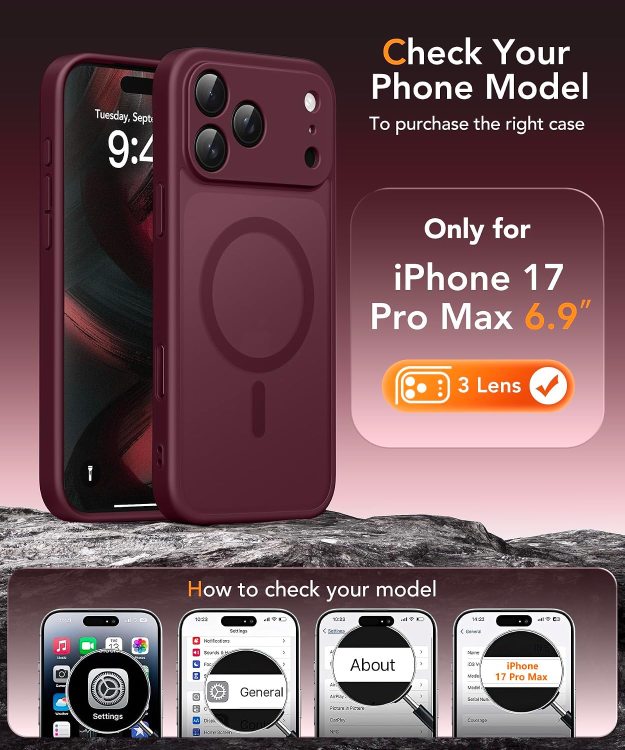 Detalle 2 de Magnetic Case for iPhone 17 Pro Max with Privacy Screen Protector – MagSafe-compatible, Camera Protection, Military-grade 360° – Wine Red