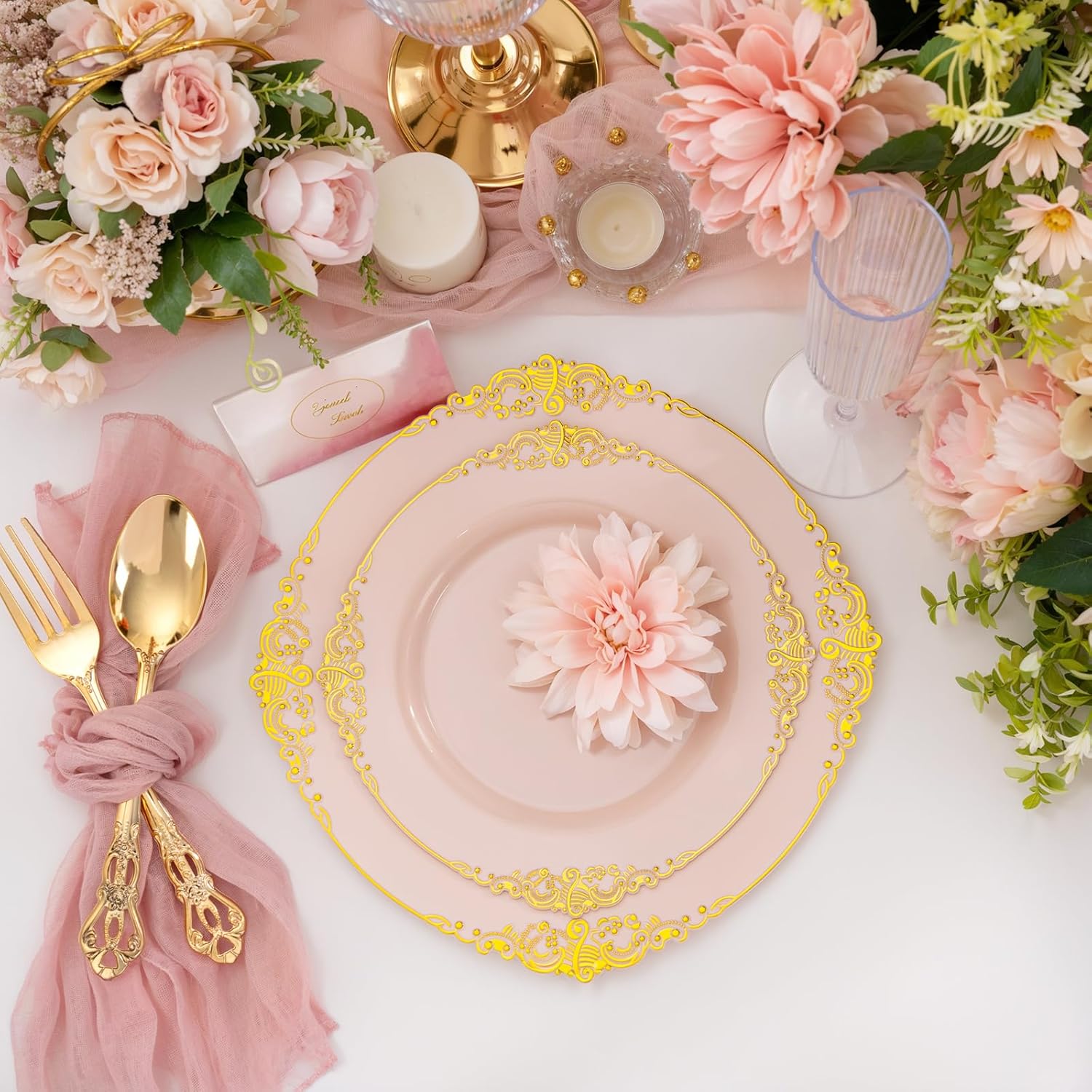 Detalle de Joyido 102PCS Pink & Gold Plastic Plates Set (Dinner + Dessert) for Weddings & Parties