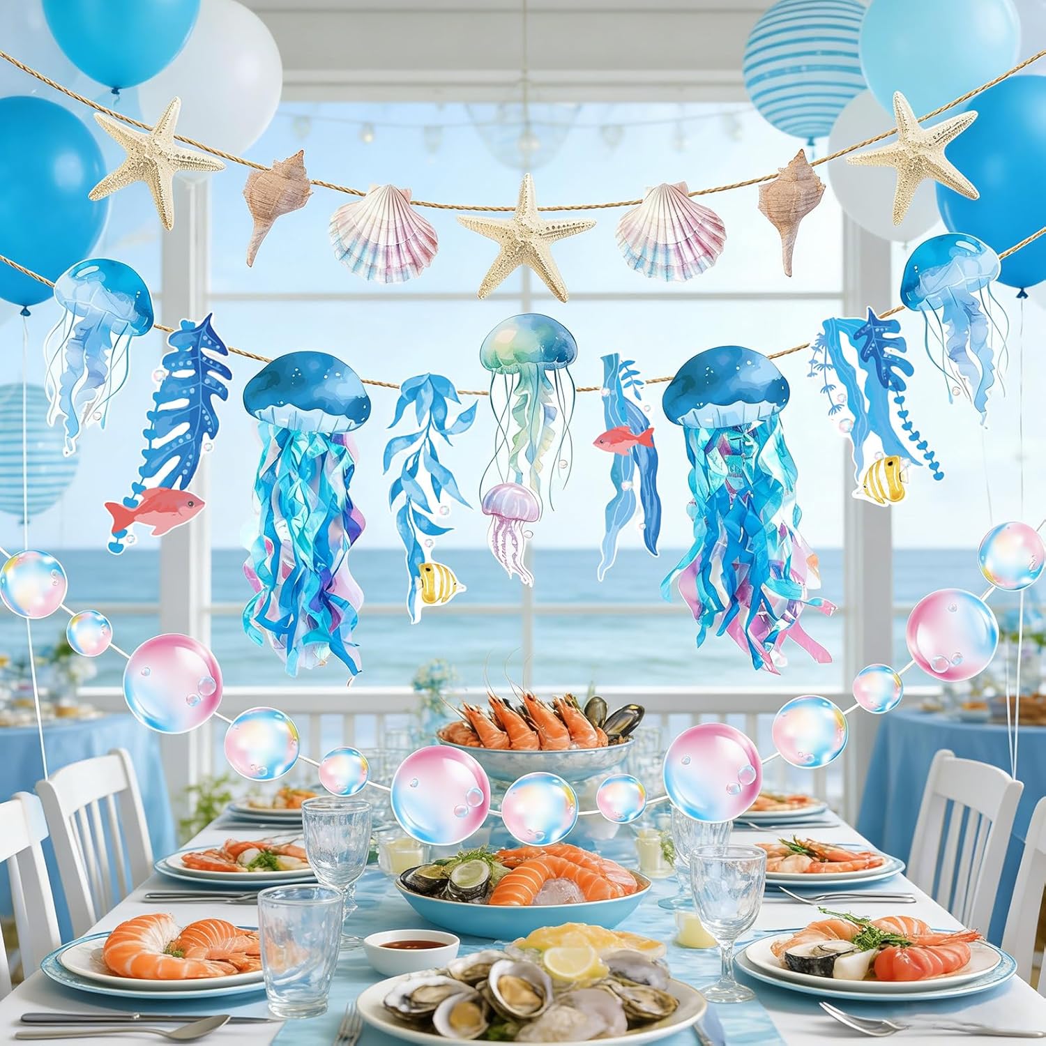 Detalle 2 de SUNBEAUTY Quallen-Girlanden-Set mit Seesternen, Muscheln und Blasen (3 Stück) für Unterwasser-Party-Deko