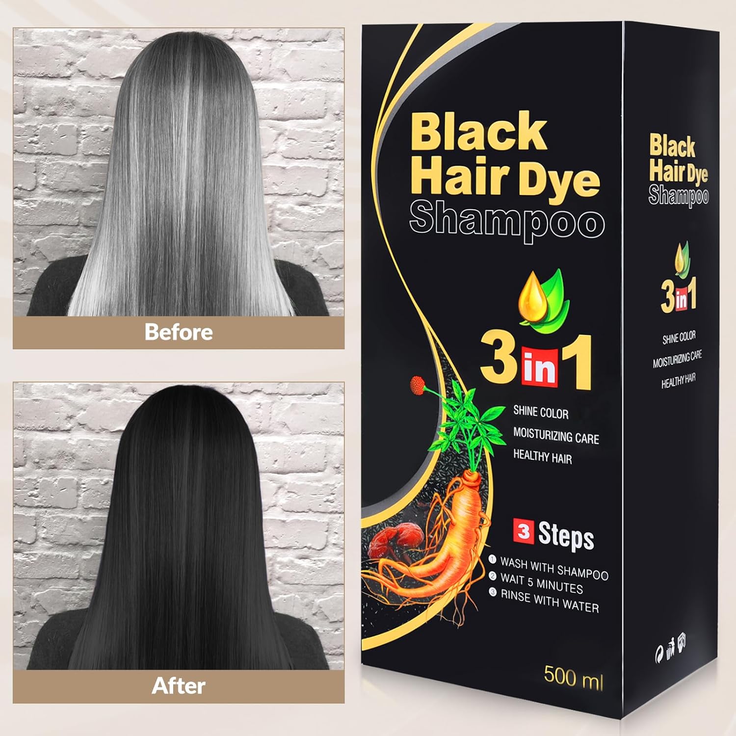 Thumbnail 1 de Black Hair Dye Shampoo 3-in-1 – schwarzes Haarfärbeshampoo mit Ginseng-Extrakt (500 ml)