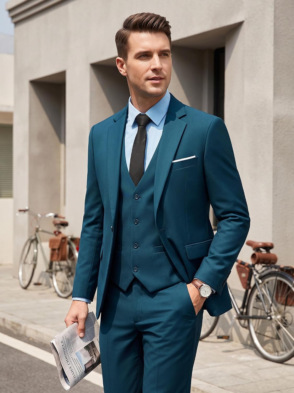 Detalle de MAGE MALE Men's 3-Piece Slim-Fit Suit with One-Button Blazer