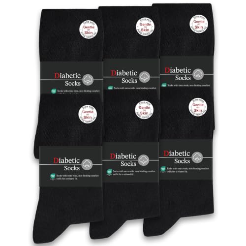 Detalle de SockWaddles Diabetic Socks for Men and Women – 6 Pairs, Soft Top Cotton Crew, Seamless Toe, Loose Comfort Fit in Black (UK 9–11)