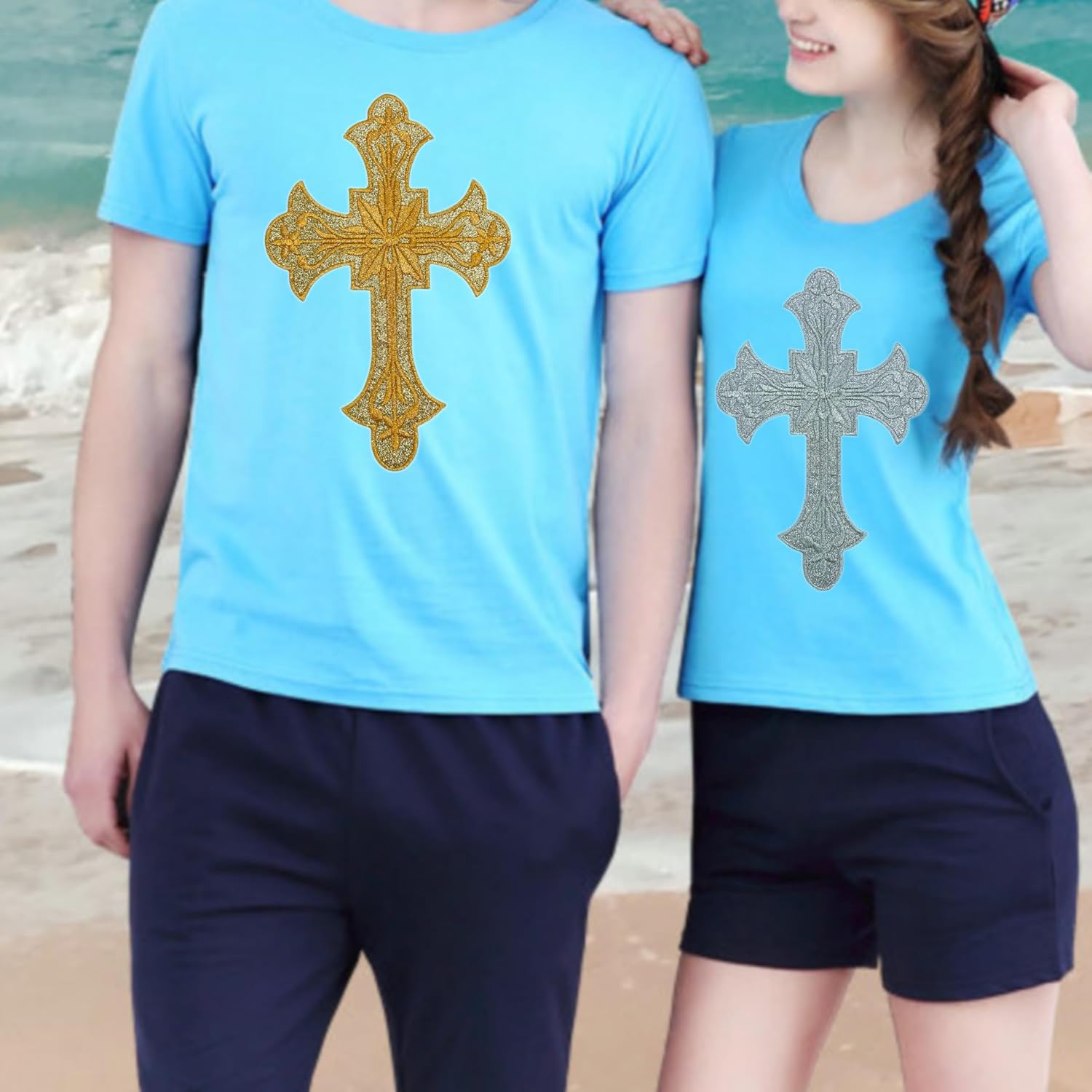 Detalle de MUMAYA Religious Cross Iron-On Appliques, Gold and Silver Embroidery, 6-Piece Set