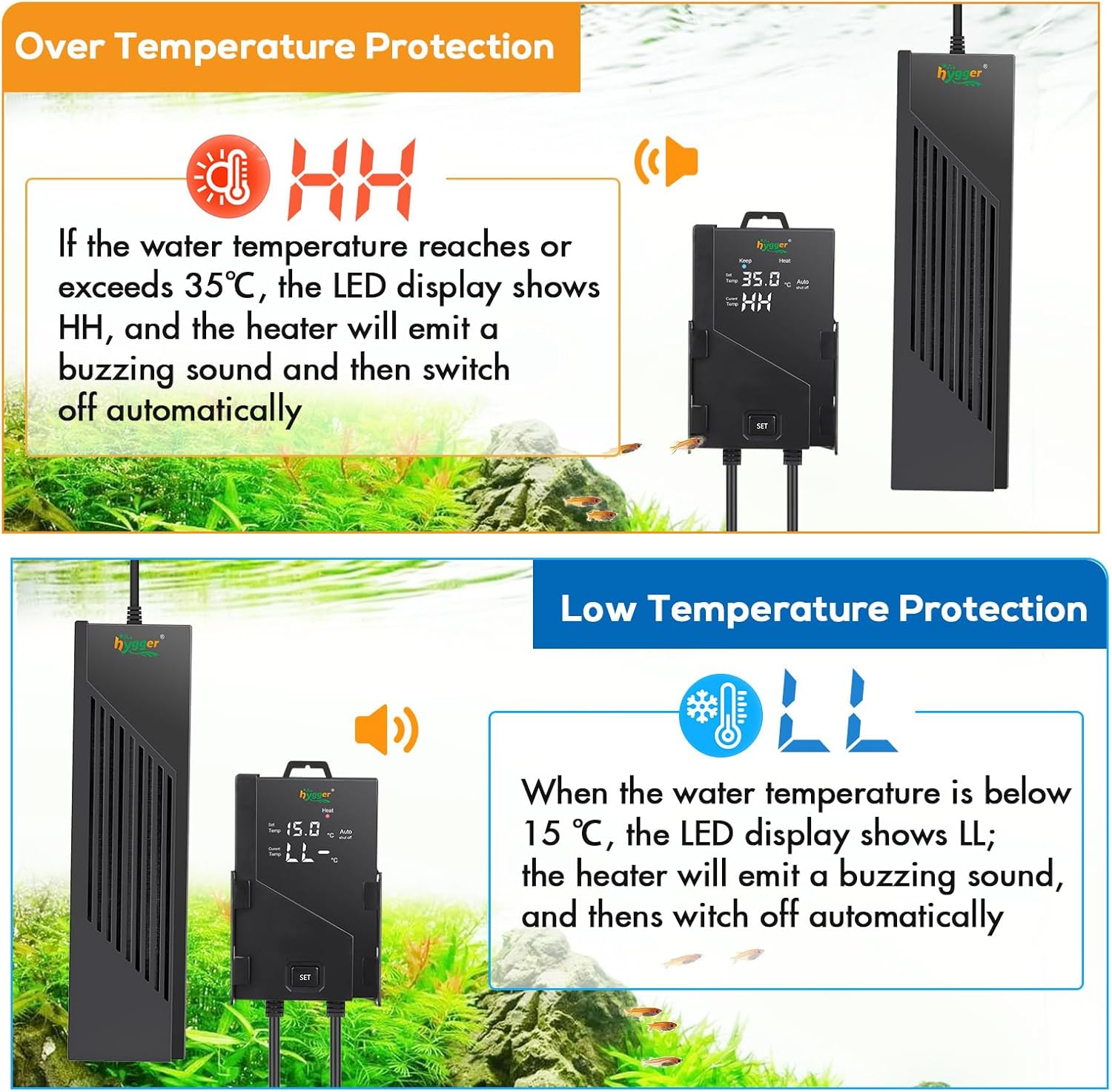 Thumbnail 3 de hygger Submersible Aquarium Heater 300W with Digital Display – for 152–302L Freshwater Tanks