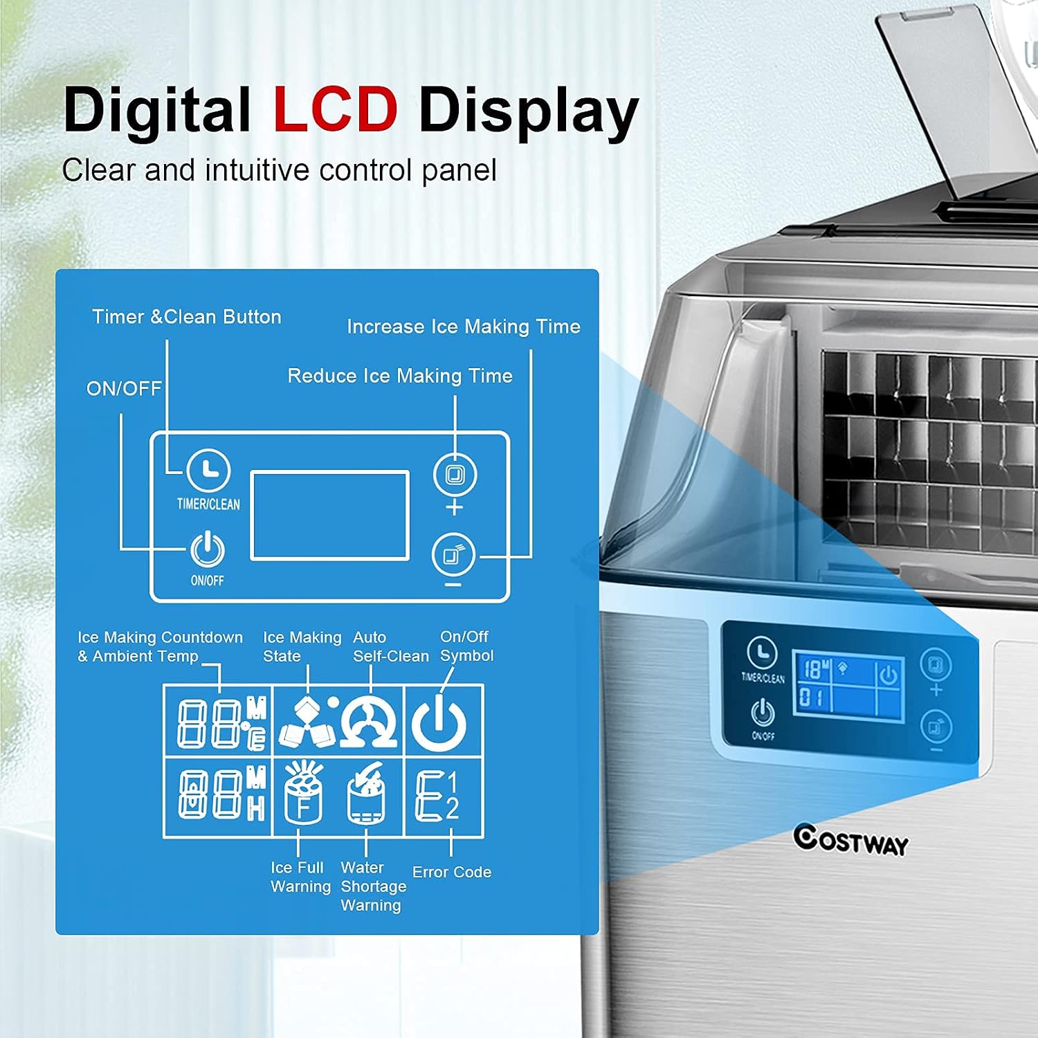 Detalle de COSTWAY Countertop Ice Maker, 40 lb/24h, Self-Cleaning with LCD Controls
