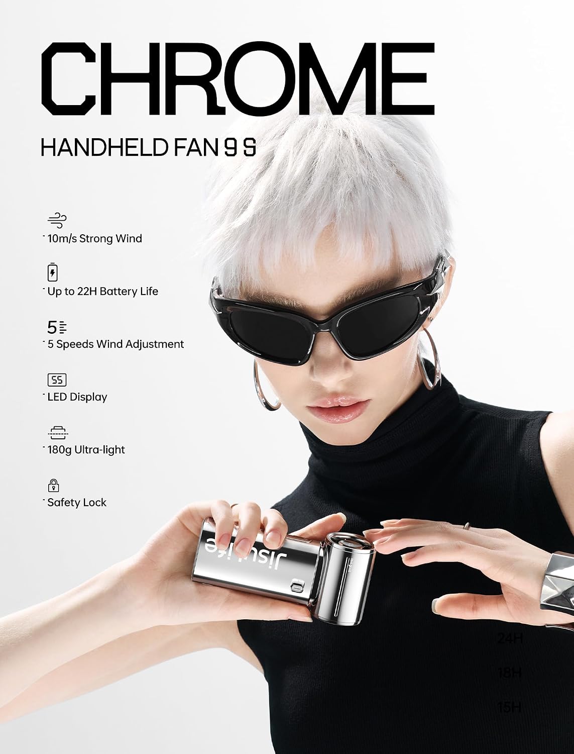 Thumbnail 1 de JISULIFE Life9 Portable Handheld Fan — Turbo Power Mini Personal Fan for Travel (Chrome)