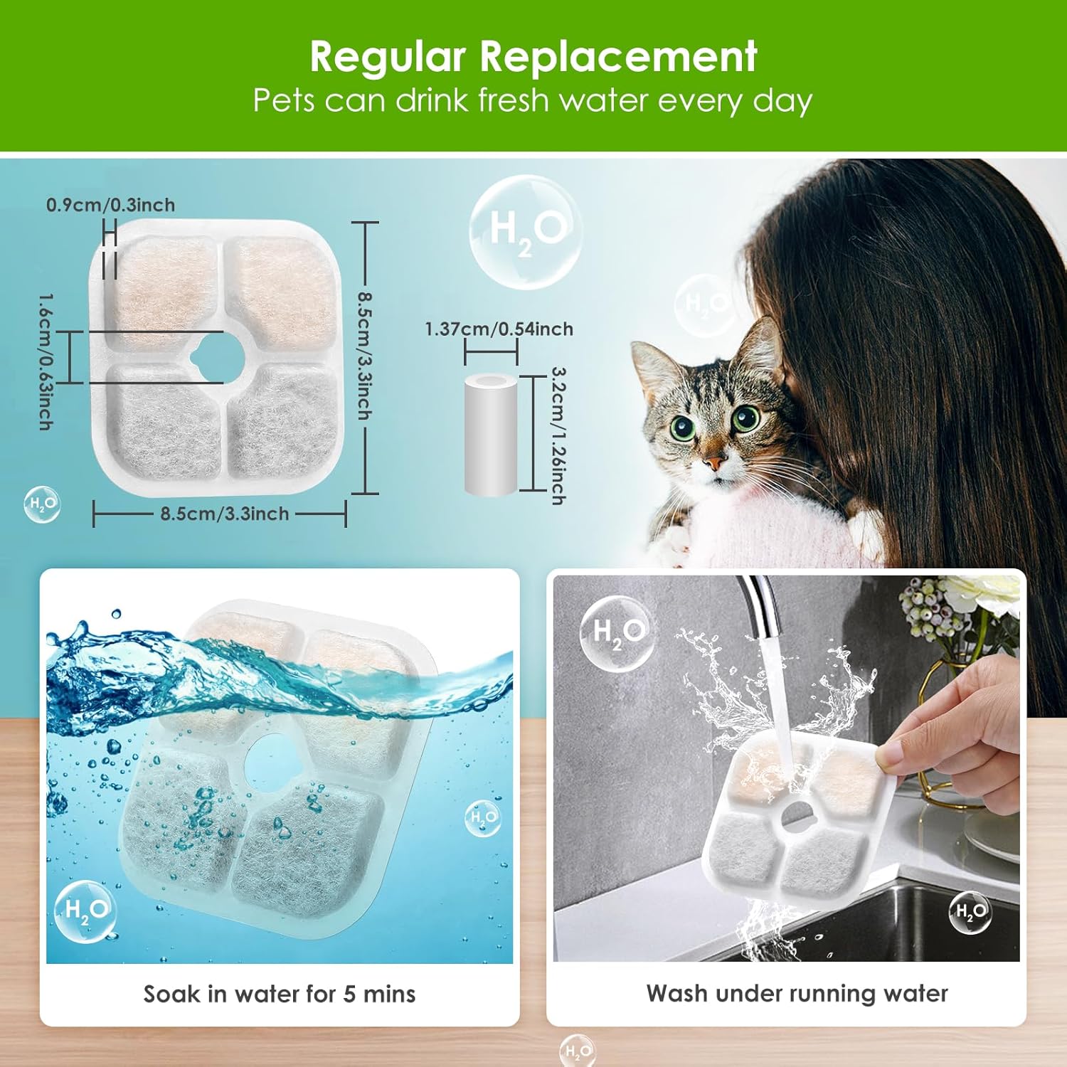 Detalle de Cat Water Fountain Filter – 3-Pack Replacement for 2L/2.5L Cat Fountains (Triple Action Activated Carbon, Includes 1 Hose)