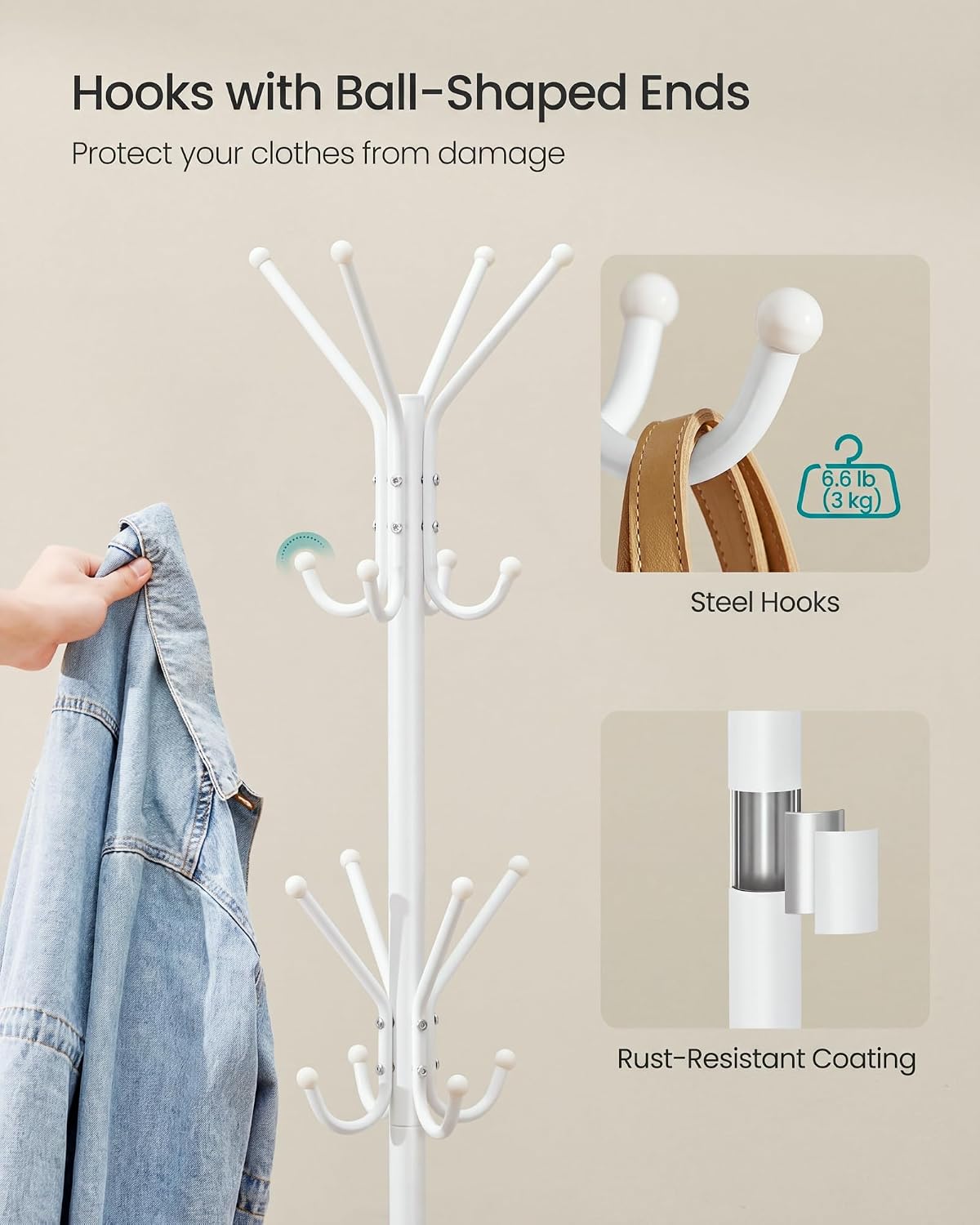 Detalle de SONGMICS RCR081WC01 Steel Coat Rack, 16 Hooks, 175 cm, Cloud White