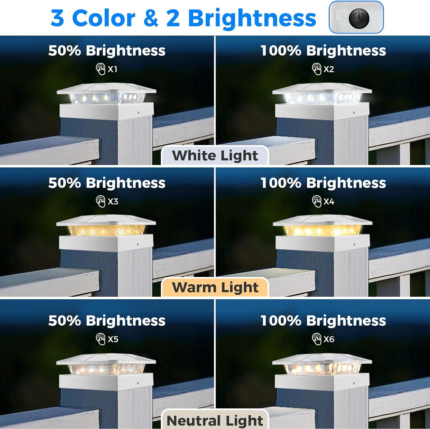 Detalle de Peasur Solar Post Lights White Frame (4 Pack) – 3 Modes, Dimmable, IP Weatherproof for 4x4 Posts