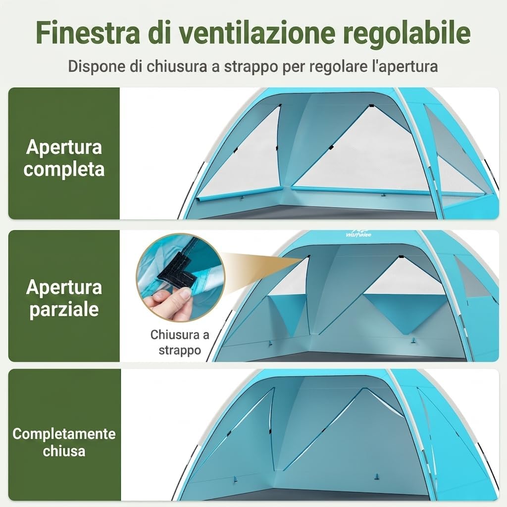 Detalle de Wolfwise Tenda da Spiaggia UPF 50+ per Famiglia – 3 Persone, Blu, Finestre Ventilate e Pavimento Estensibile