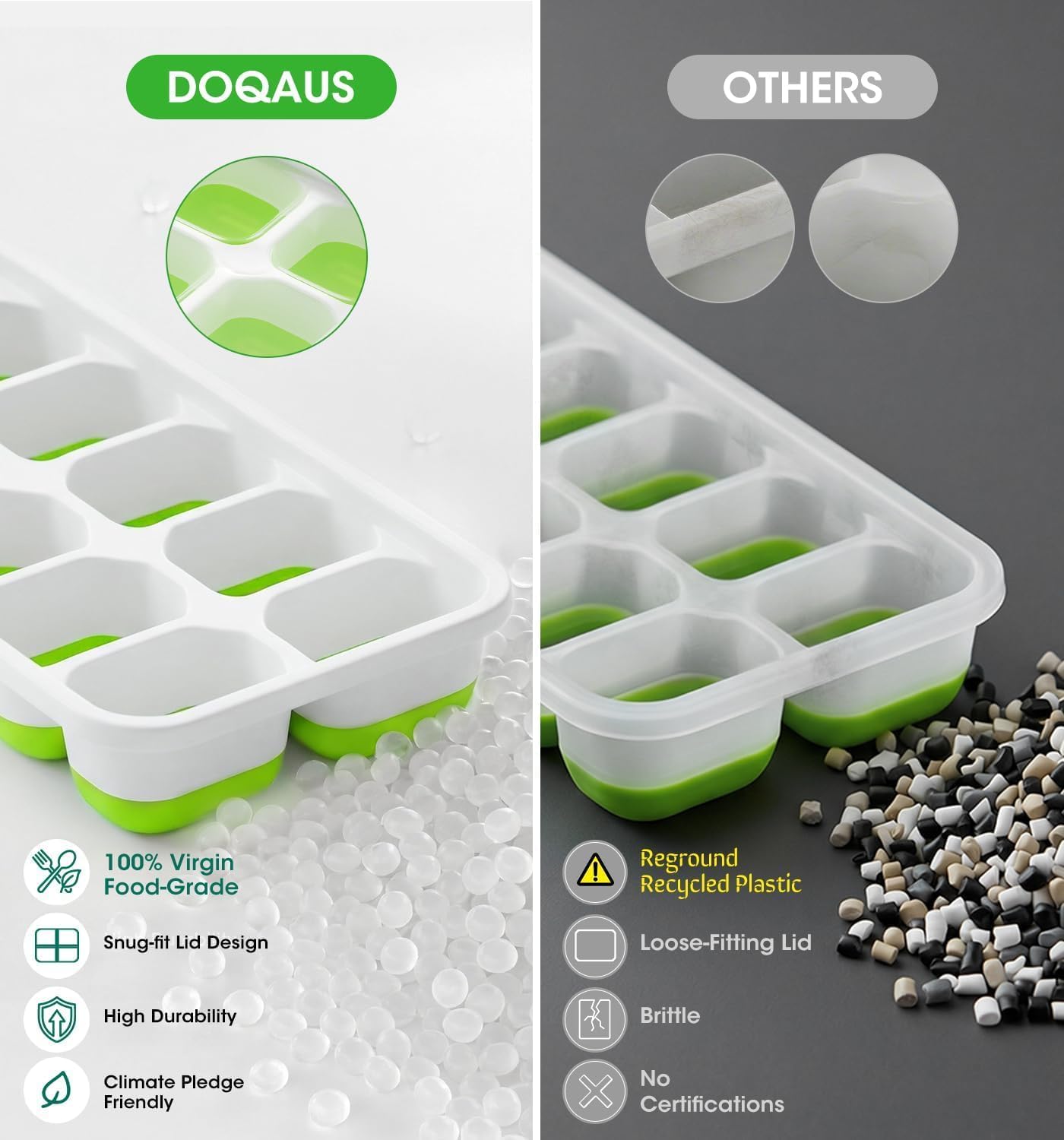 Detalle 2 de DOQAUS 4-Pack Silicone Ice Cube Trays with Lid and Bin – Stackable Freezer Ice System