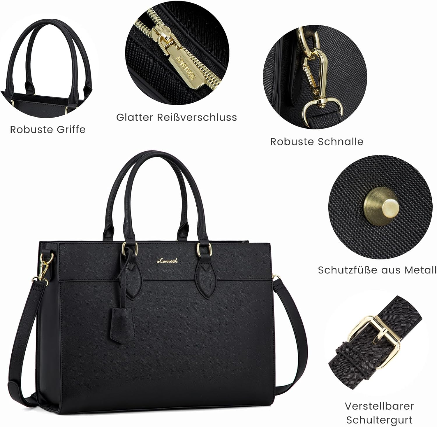 Thumbnail 5 de LOVEVOOK Laptoptasche Damen für 15,6 Zoll – große Arbeits-/Business-Umhängetasche mit Schutzfach, wasserdicht, Schwarz