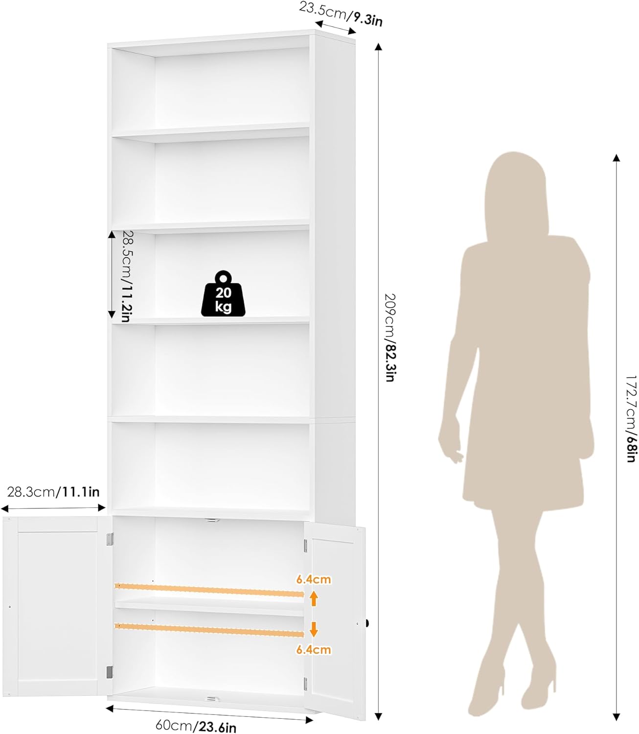 Thumbnail 2 de FirFurd Bibliothèque 209 cm blanche avec 2 portes et 8 étagères réglables