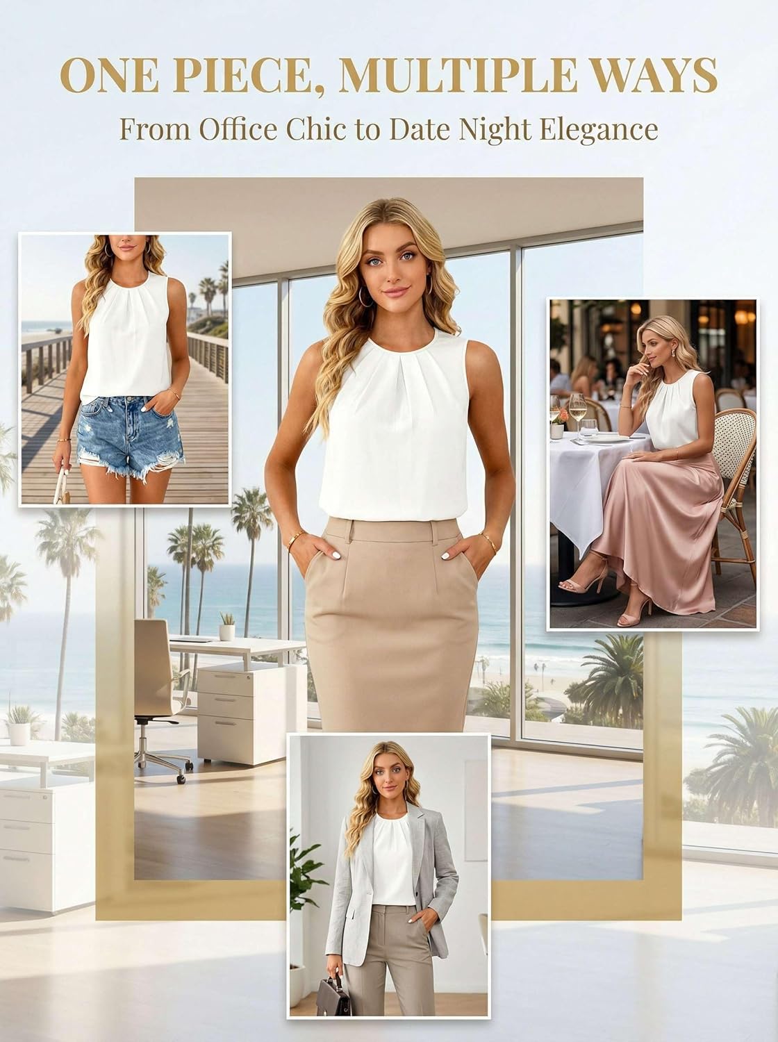 Detalle de NAIOSS Damen Chiffon Top - Sommertaugliche Hemdbluse, Ärmellos, plissiert