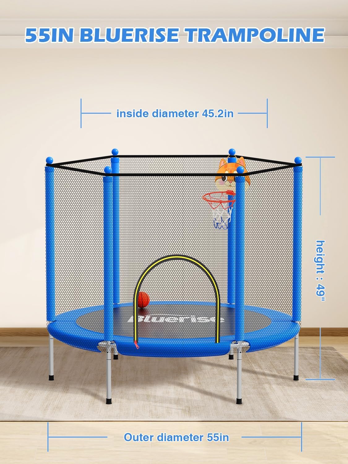 Detalle 1 de BLUERISE 55in 6ft Toddler Trampoline with Enclosure Net and Basketball Hoop Attachment