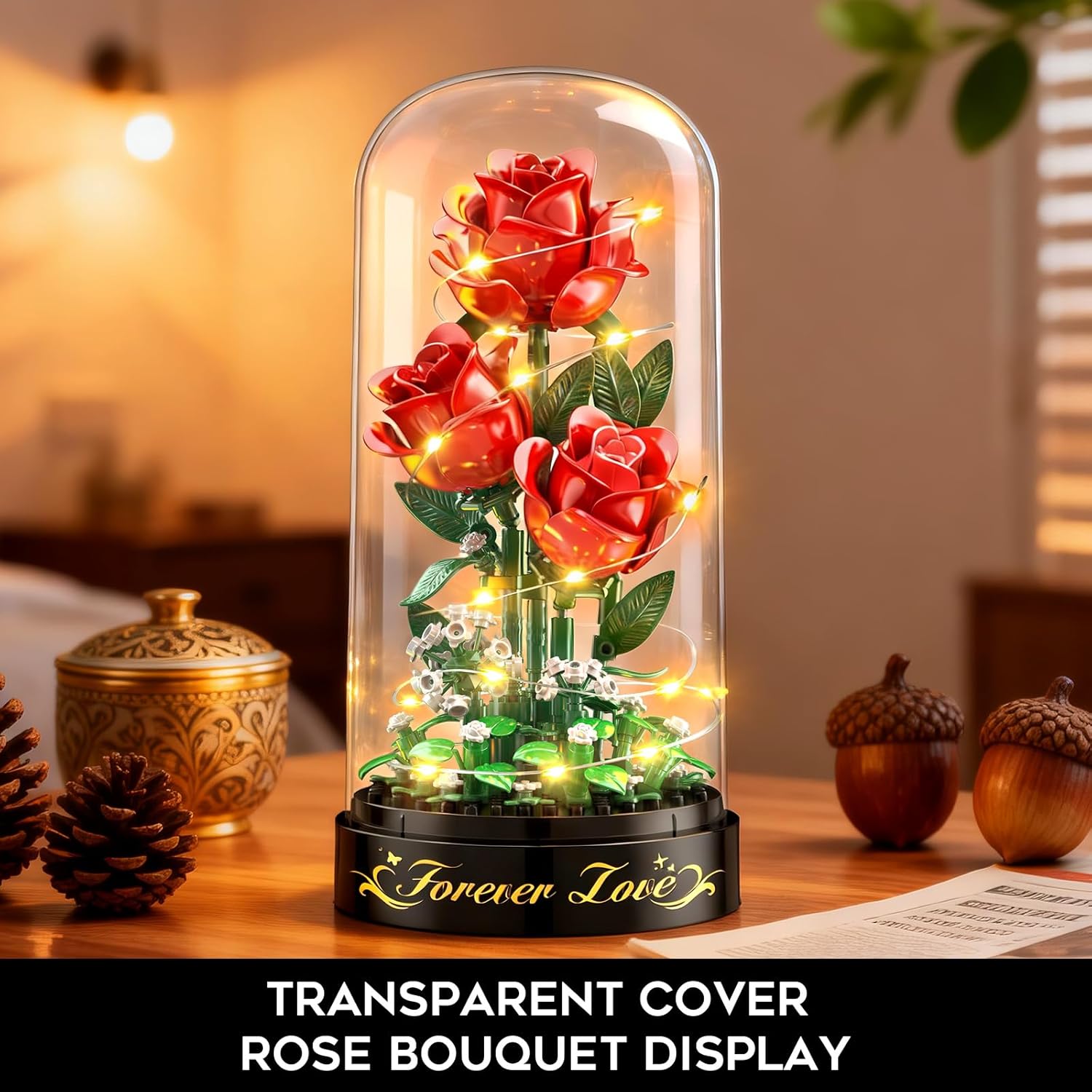 Detalle de HiWEEGO Flower Bouquet Building Set with LED Light – 3.6mm Red Rose Mini Build (219pcs) with Dust Cover