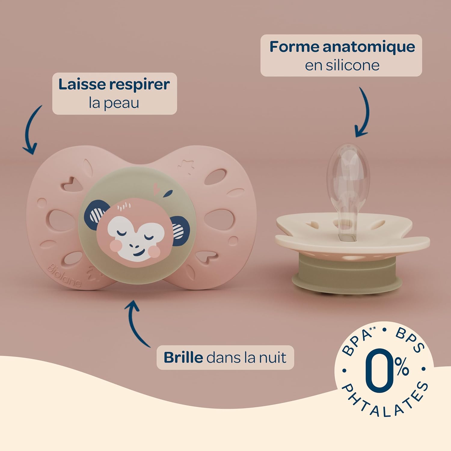Thumbnail 3 de BIOLANE Tétines anatomiques de nuit : sucette extra-fine phosphorescente pour 6–18 mois (Rose et Beige)
