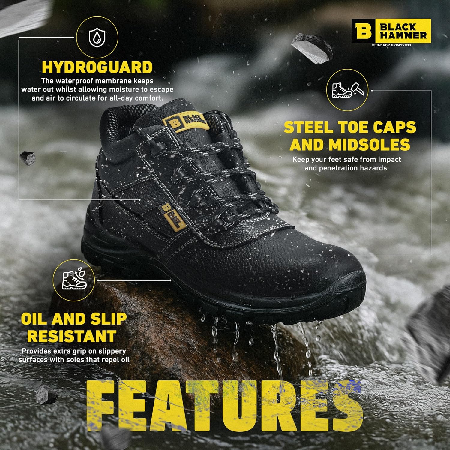 Detalle de BLACK HAMMER Sicherheitsstiefel Herren – Wasserdicht, S3 SRC mit Stahlkappe