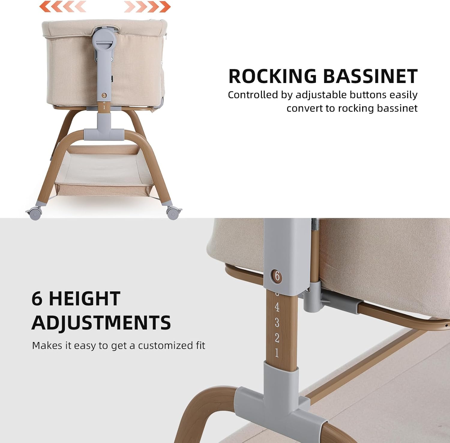 Thumbnail 2 de ANGELBLISS 3-in-1 Baby Bassinet (Bedside Sleeper + Rocking Mode) with Wheels, Adjustable Heights, Memory Foam Mattress