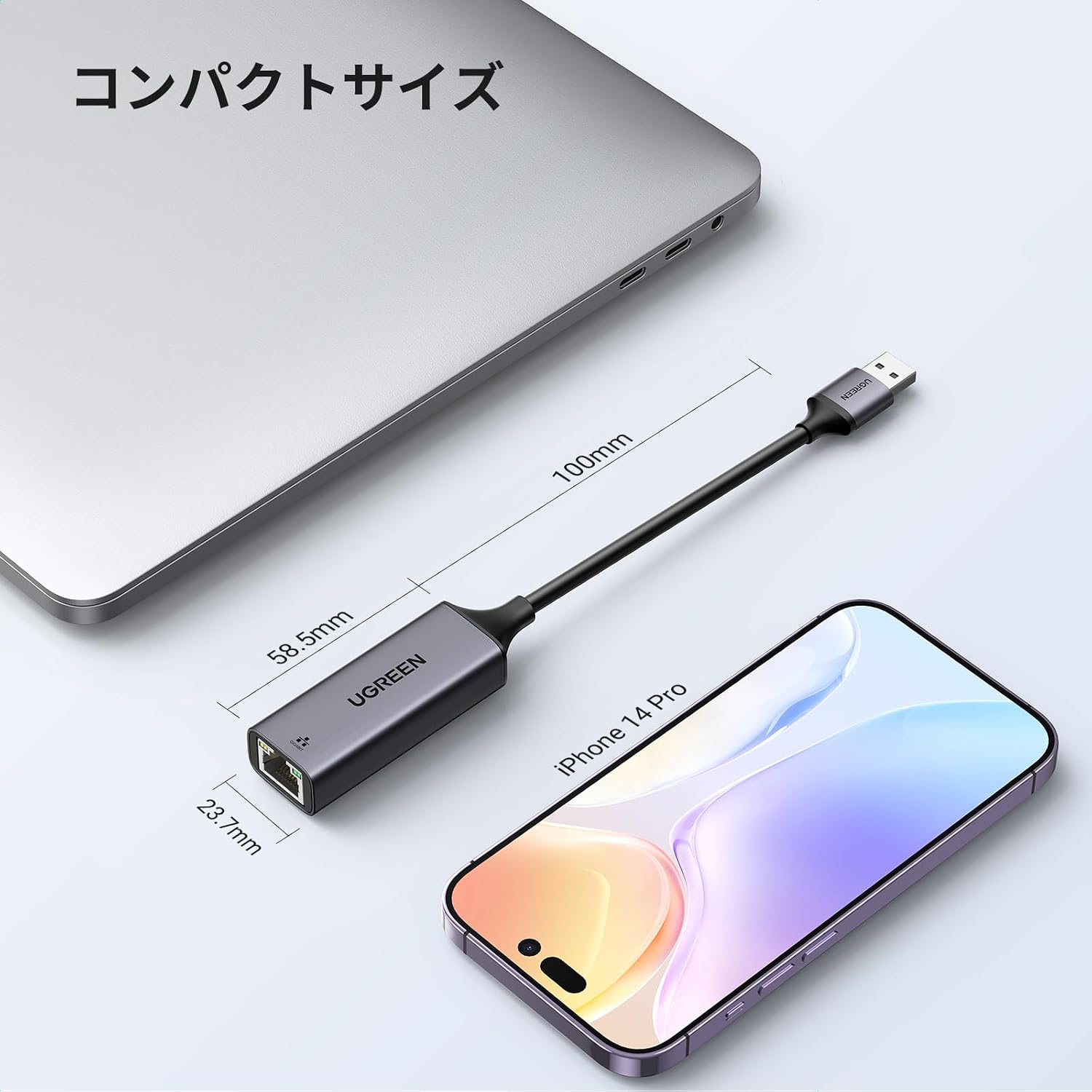 Detalle 2 de UGREEN USB-A LAN有線LANアダプター USB 3.0・RJ45・1000Mbps対応 スペースグレイ