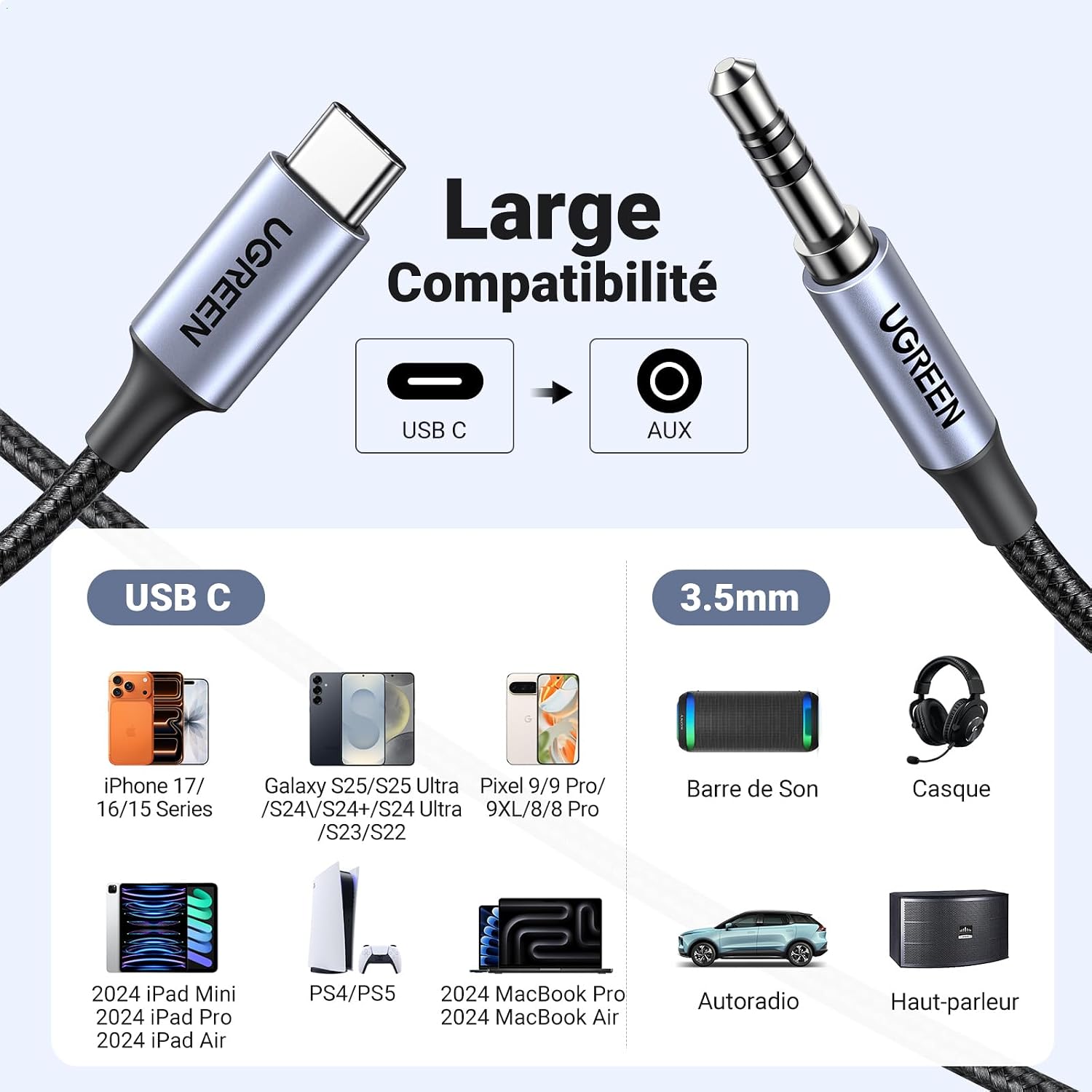 Thumbnail 6 de UGREEN 1M Câble USB-C vers Jack 3,5 mm TRS Stéréo – Nylon Tressé