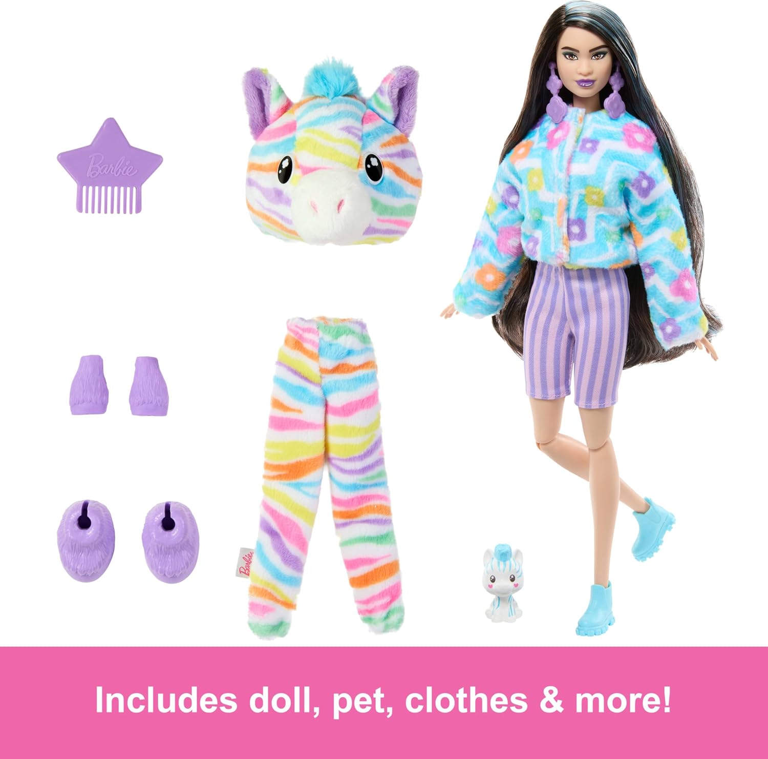 Thumbnail 5 de Barbie HRK39 Cutie Reveal-docka med regnbågsfärgad zebradräkt och tillbehör