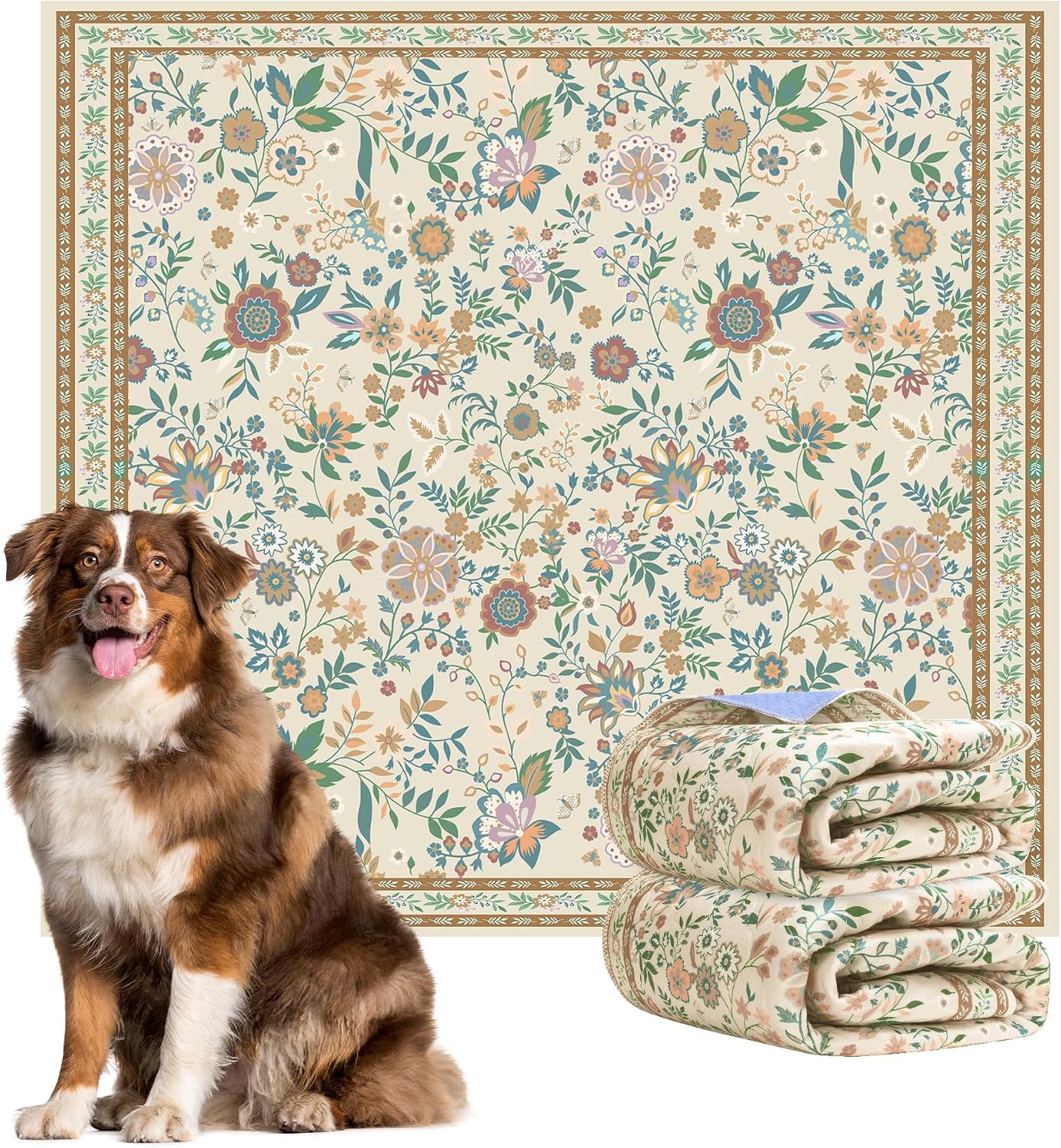 Detalle de BaoDan Traversine Lavabili per Cani 2 Pezzi 122x122 cm – Tappetini igienici riutilizzabili con fondo antiscivolo, stampa floreale marrone