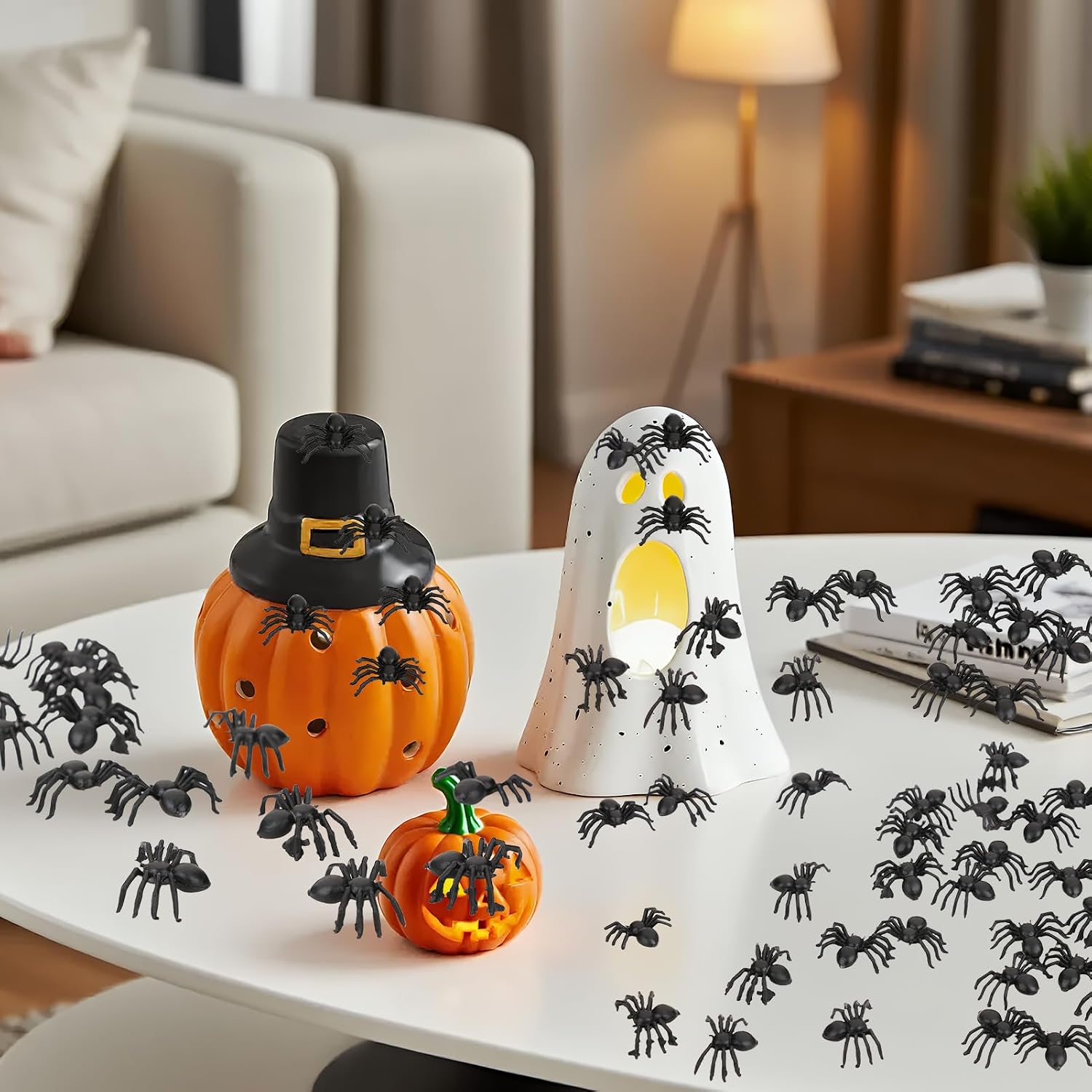 Detalle de Bravien Bravien-BZ Halloween-decoratieset met 100 zwarte kunststofspinnen