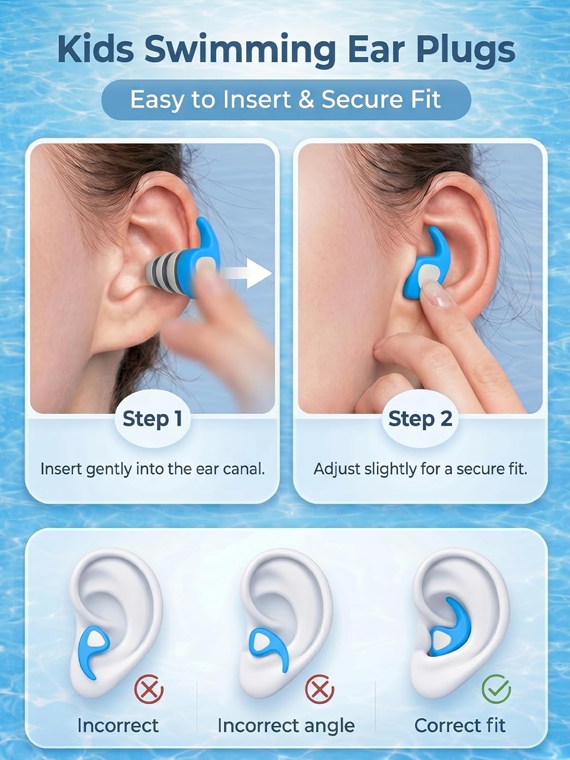 Detalle de Kids Swimming Ear Plugs: 3 Pairs of Reusable Silicone Ears Guards for Ages 3–10