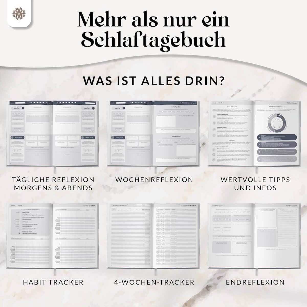 Detalle 2 de LEBENSKOMPASS® Schlaftagebuch Doze – un-datiertes 12-Wochen-Journal (DIN A5, Hardcover, Goldveredelung, 120 Seiten)