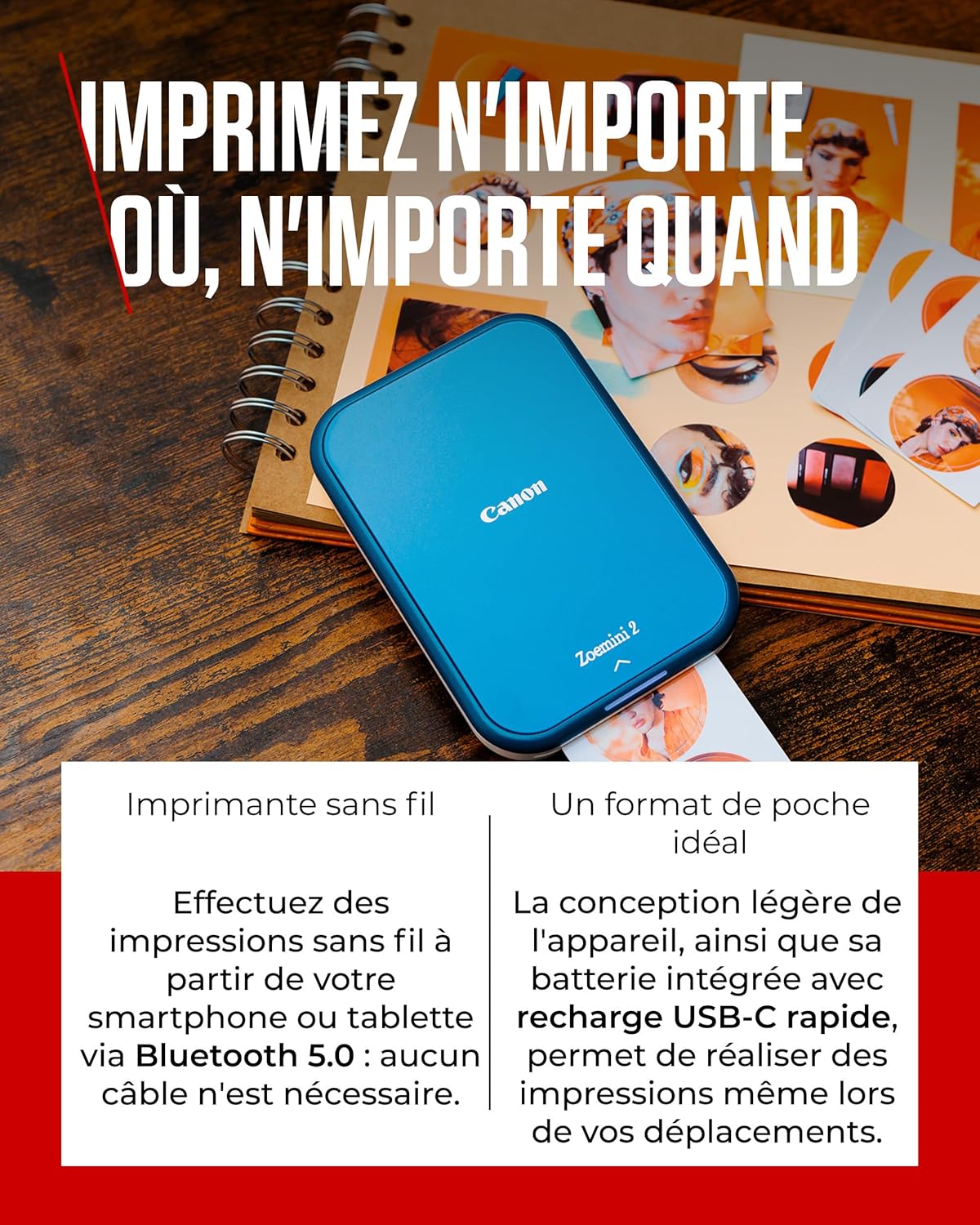Detalle de Canon Zoemini 2 Kit Imprimante Photo Portable Bluetooth USB-C – Kit ZP-2030 + ZINK Circulaires 3,3 cm