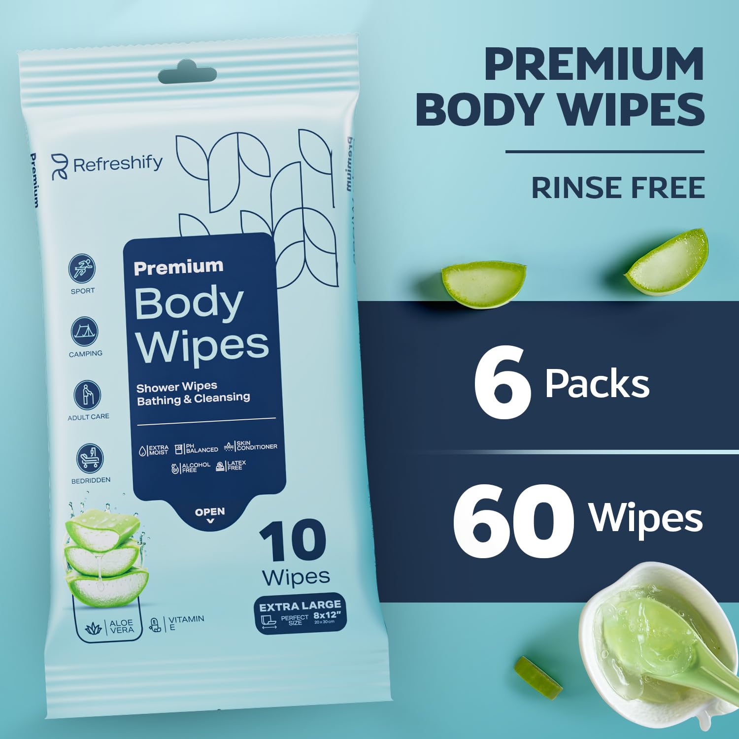 Thumbnail 6 de 60 XL Shower Wipes – Rinse-Free Body Wipes for Adults (6 Packs of 10) with Aloe & Vitamin E