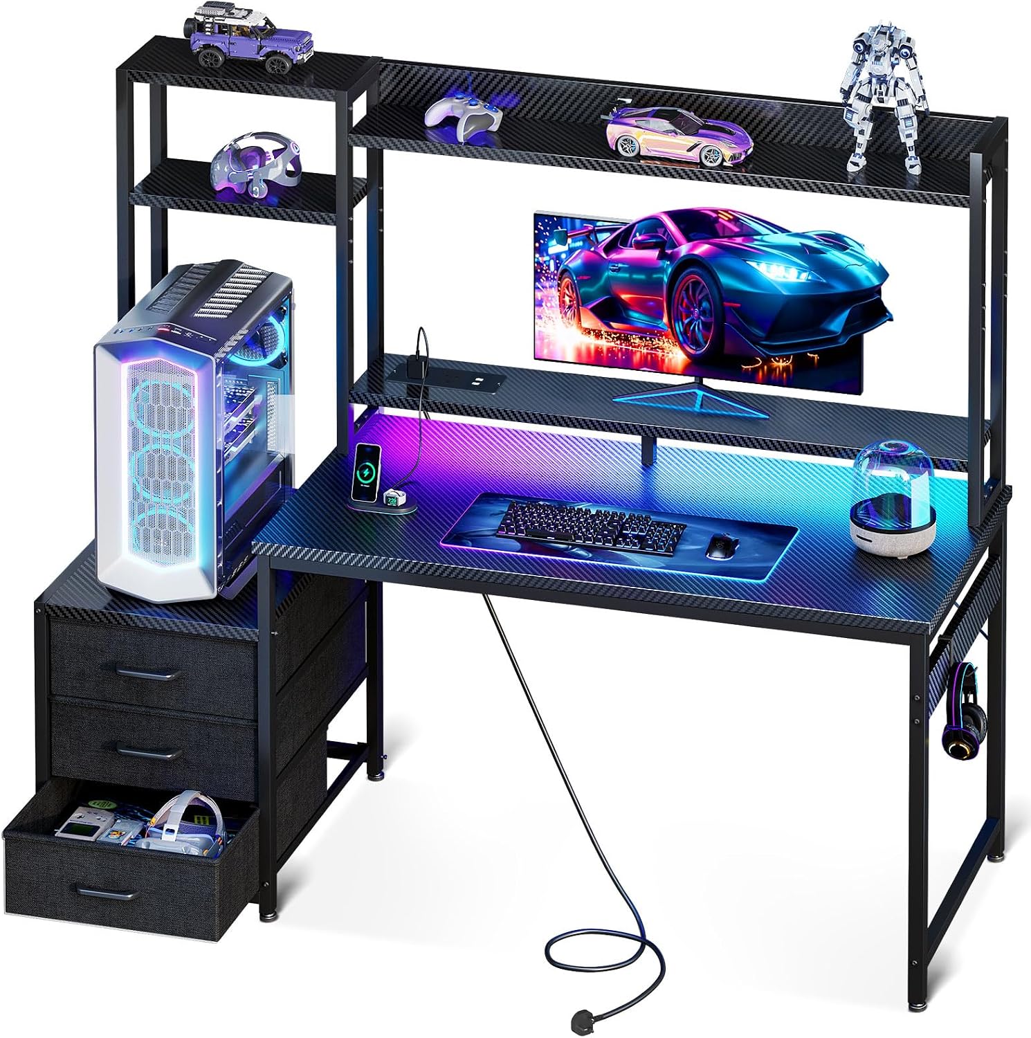 Detalle de Coleshome Gaming Desk with Drawers & Display Shelves, 120×48 cm – LED Lights, Built-in Socket, Reversible Monitor Stand