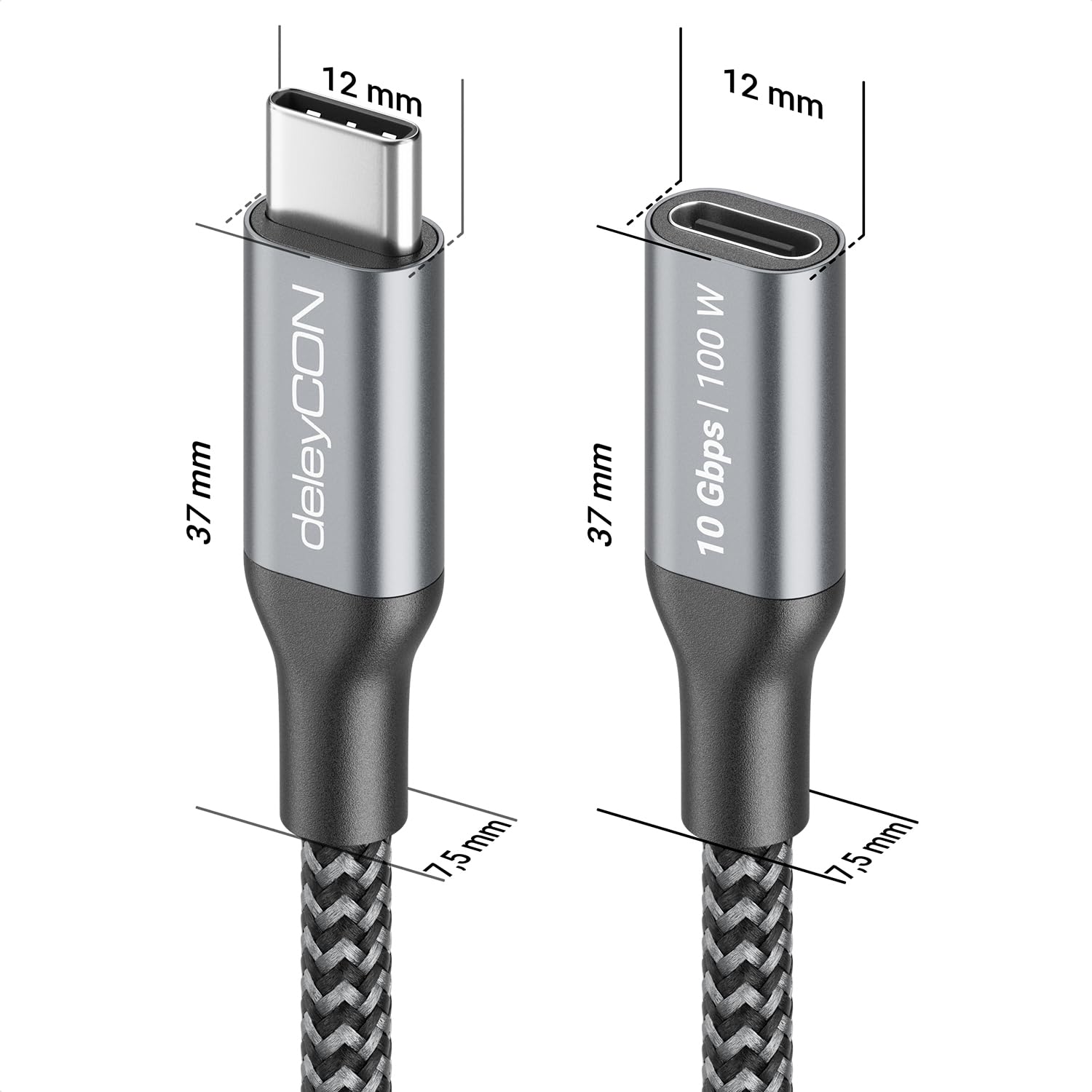 Detalle 2 de deleyCON USB-C Verlängerungskabel 0,5 m – 100 W, 10 Gbit/s, USB-C zu USB-C, DP Alt Mode, 4K@60Hz