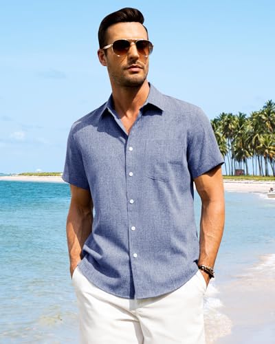 Detalle 2 de J.VER Mens Linen Shirt Short Sleeve – Blue, Regular Fit, Cotton-Linen Summer Shirt (XL)