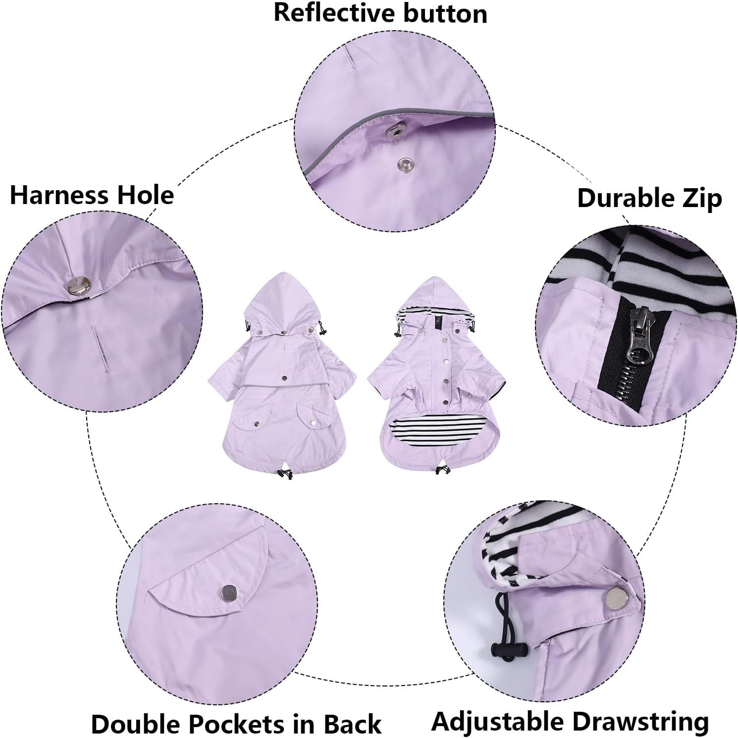 Detalle de Morezi Dog Zip Up Raincoat with Reflective Buttons – Purple, Medium (4kg–36kg) for Small to Medium Dogs